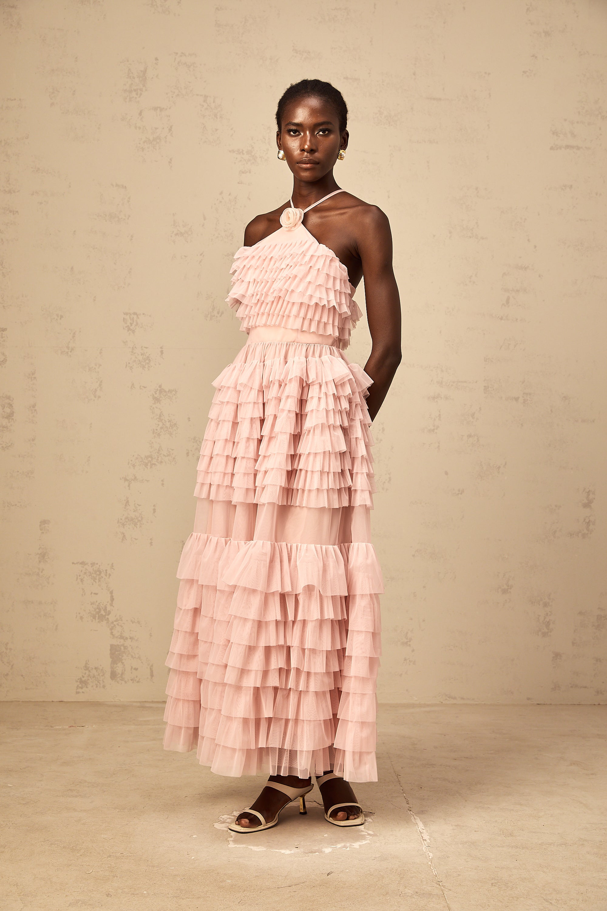 Isabelle pink petal-brooch ruffled tiered tulle maxi dress