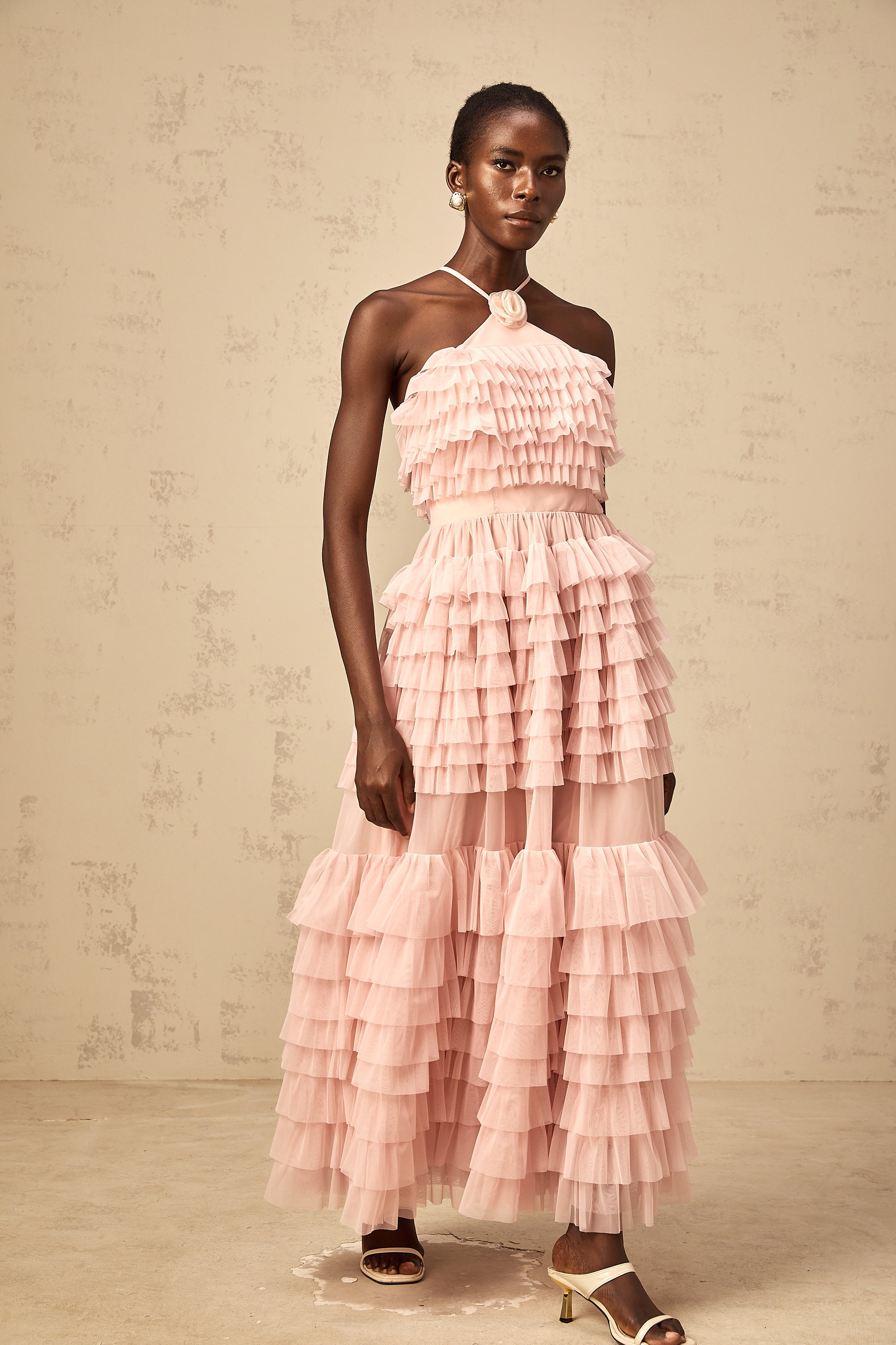 Isabelle pink petal-brooch ruffled tiered tulle maxi dress