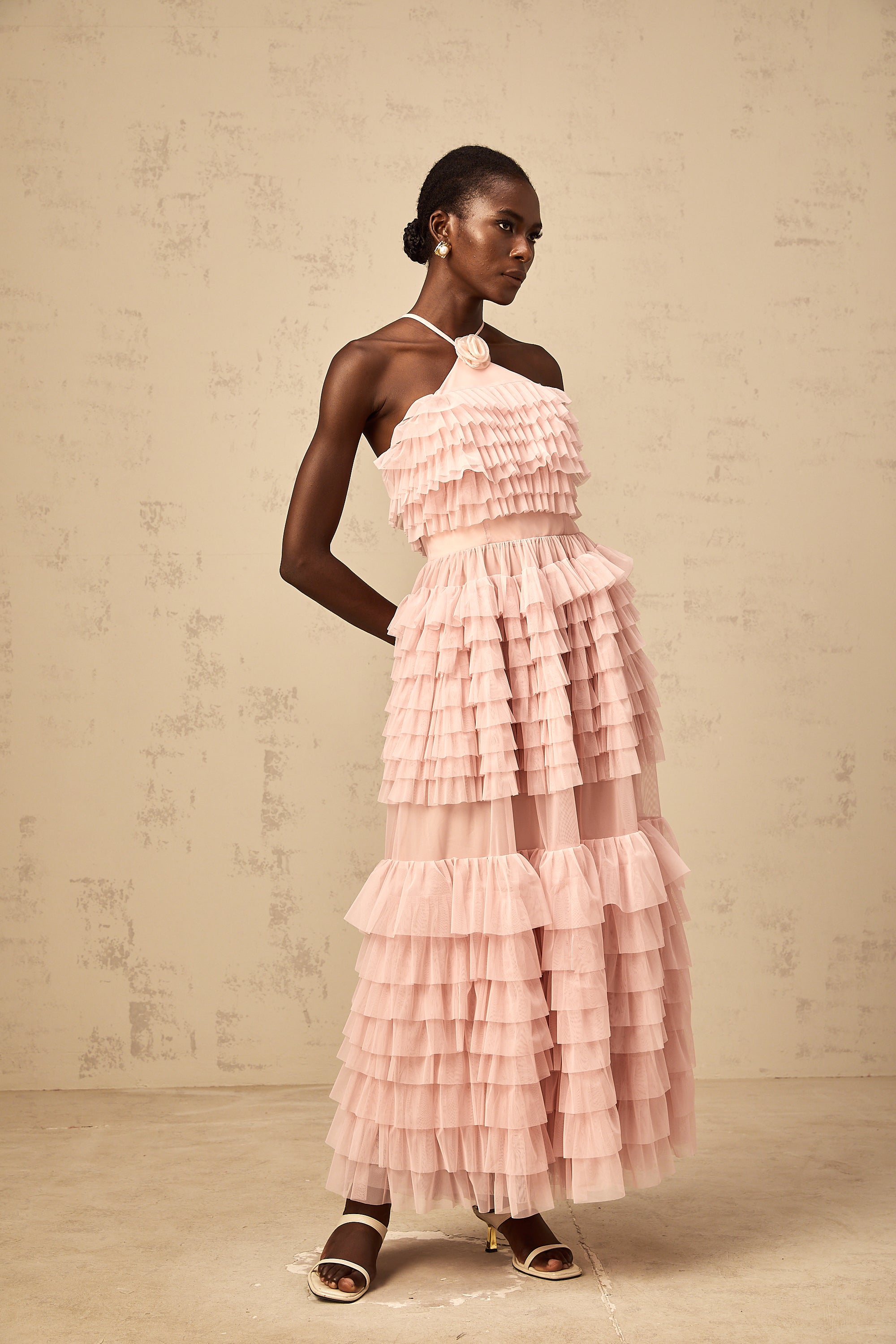 Isabelle pink petal-brooch ruffled tiered tulle maxi dress