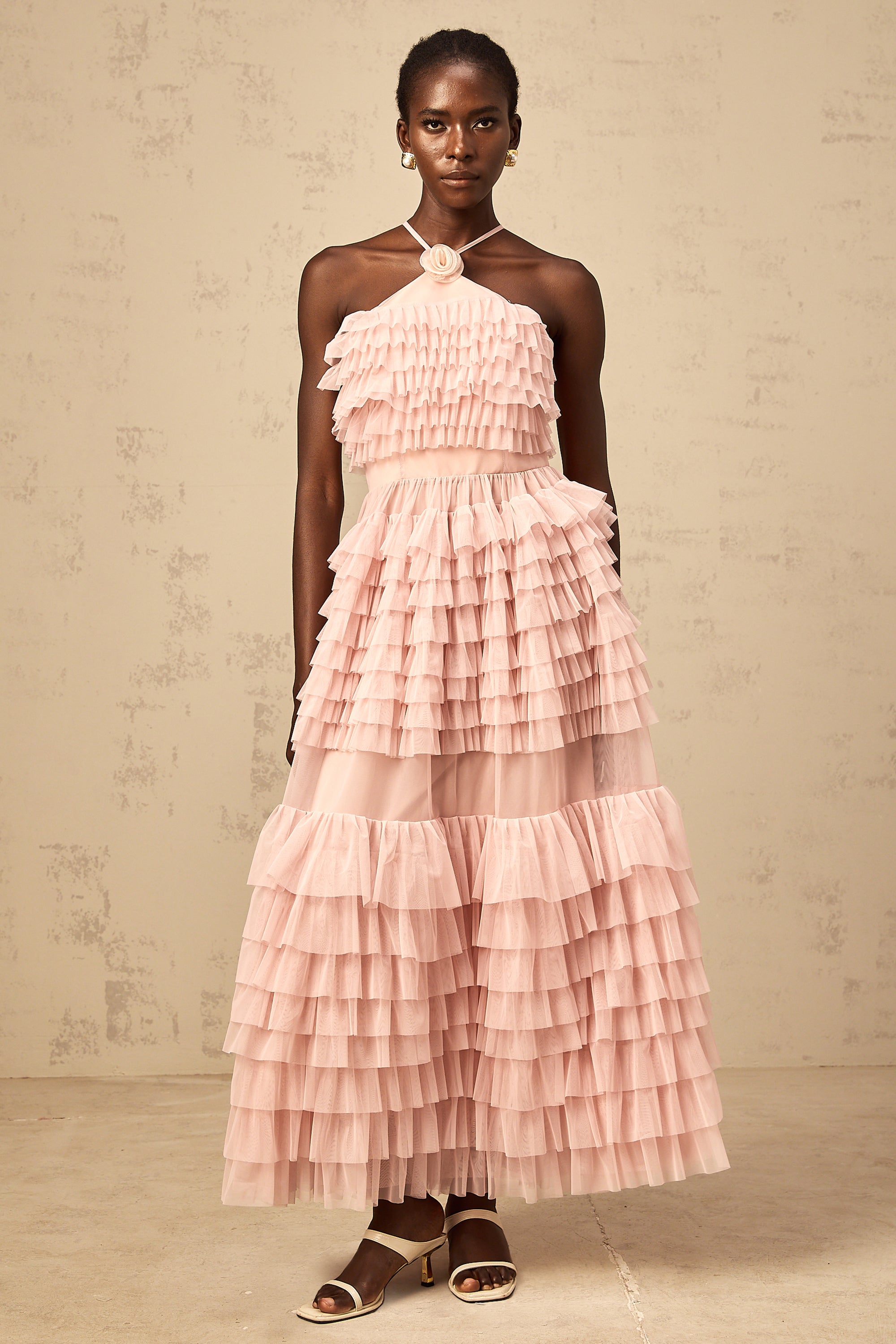 Isabelle pink petal-brooch ruffled tiered tulle maxi dress