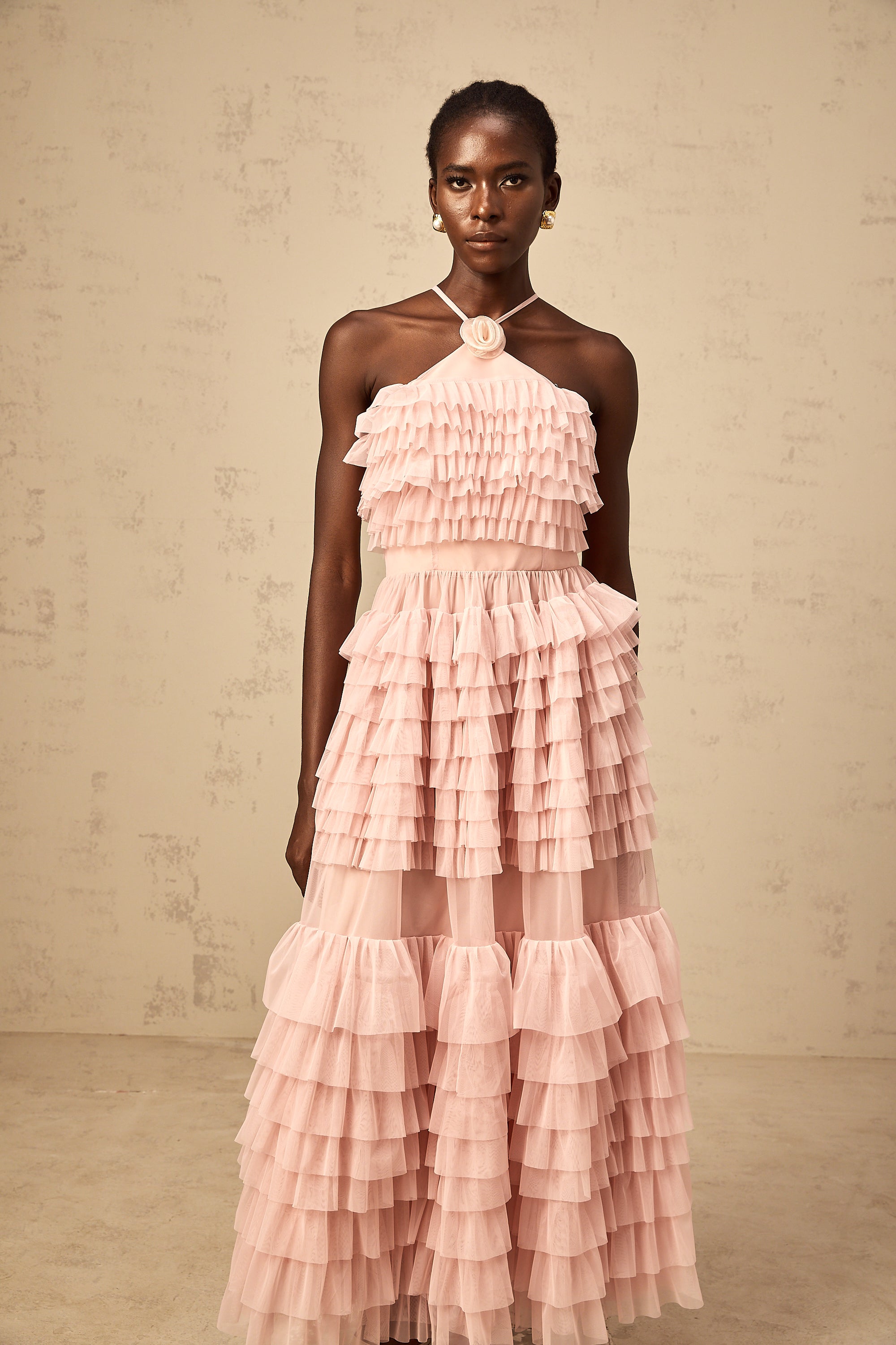 Isabelle pink petal-brooch ruffled tiered tulle maxi dress