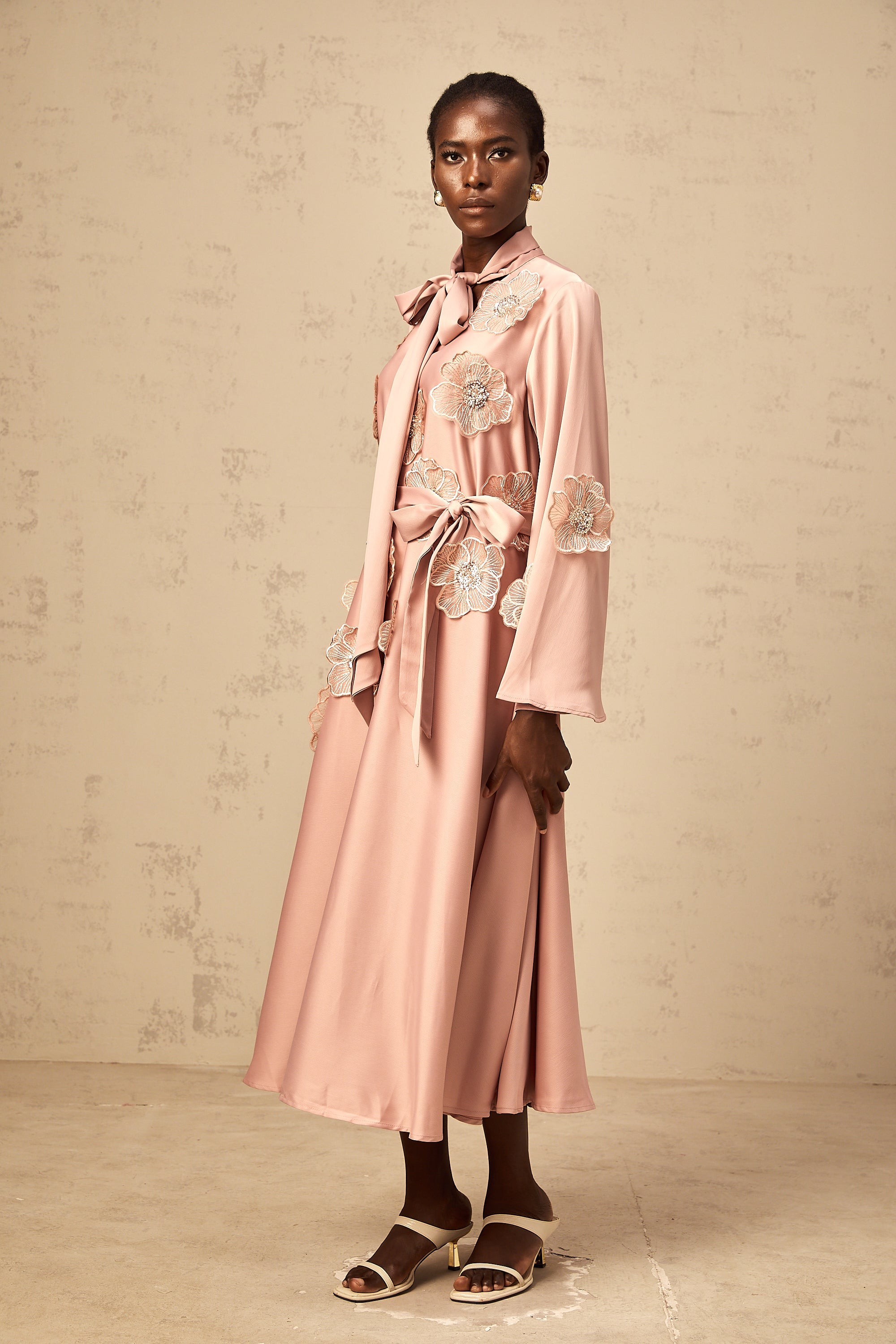 Orane tied floral-applique flared midi dress in Pink