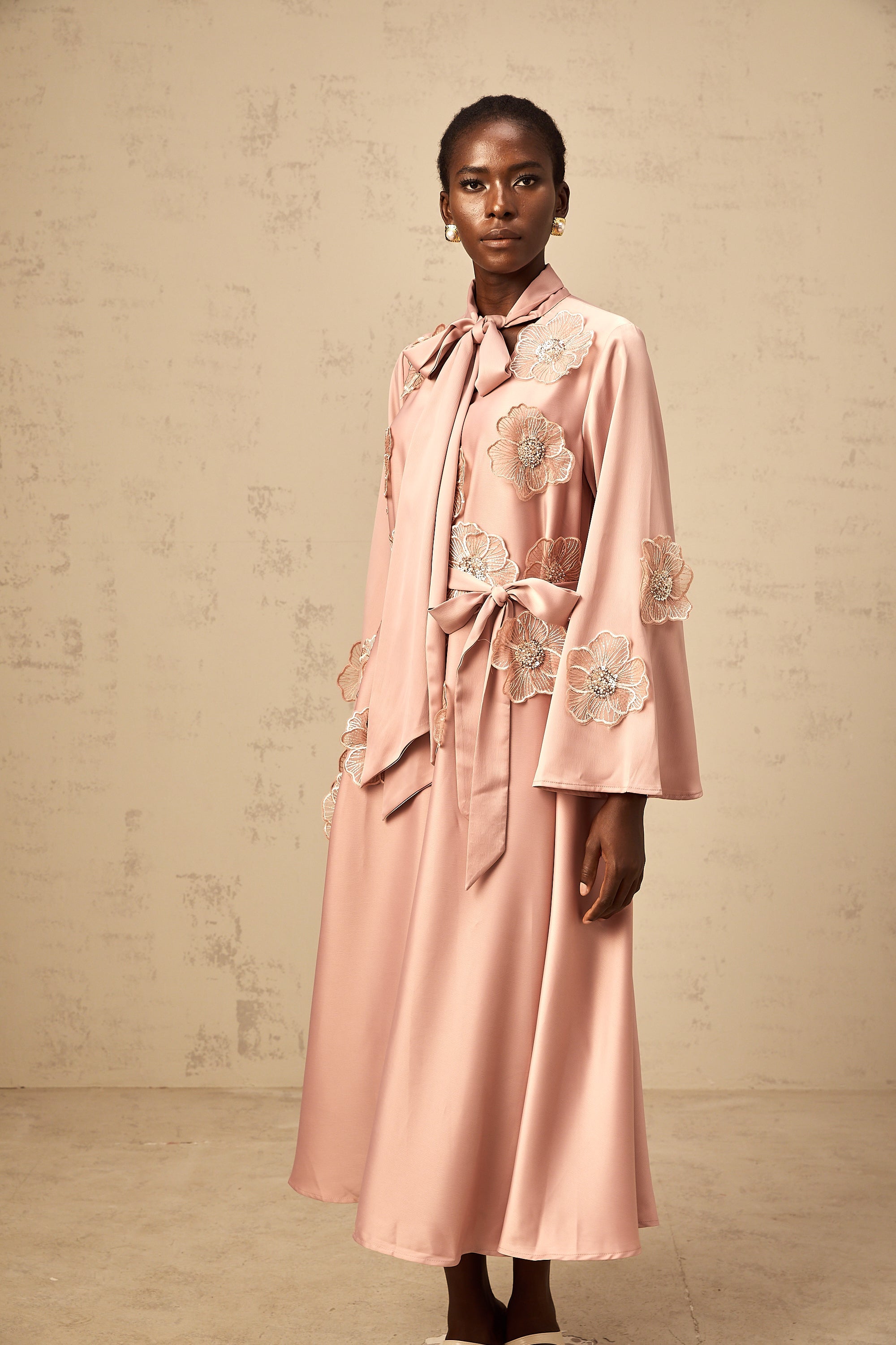 Orane tied floral-applique flared midi dress in Pink