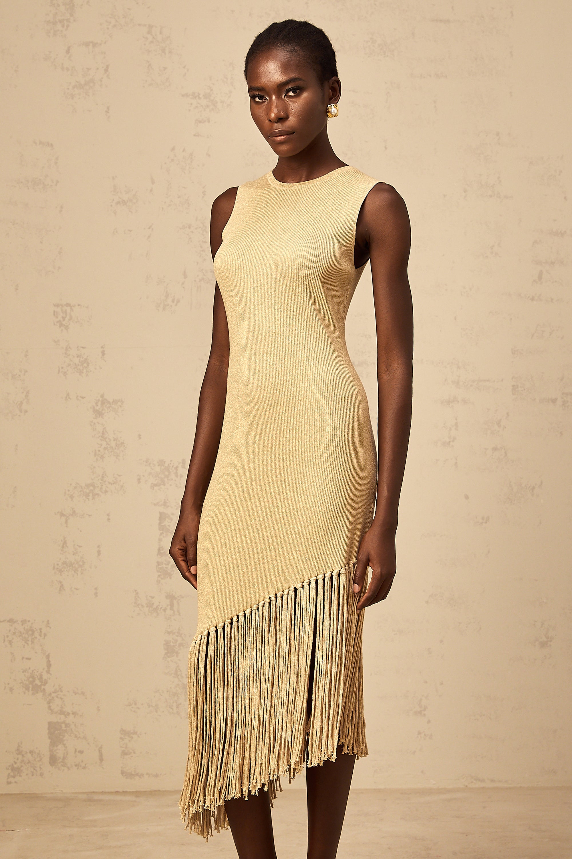 Yseult neutrals asymmetrical-fringe knitted midi dress