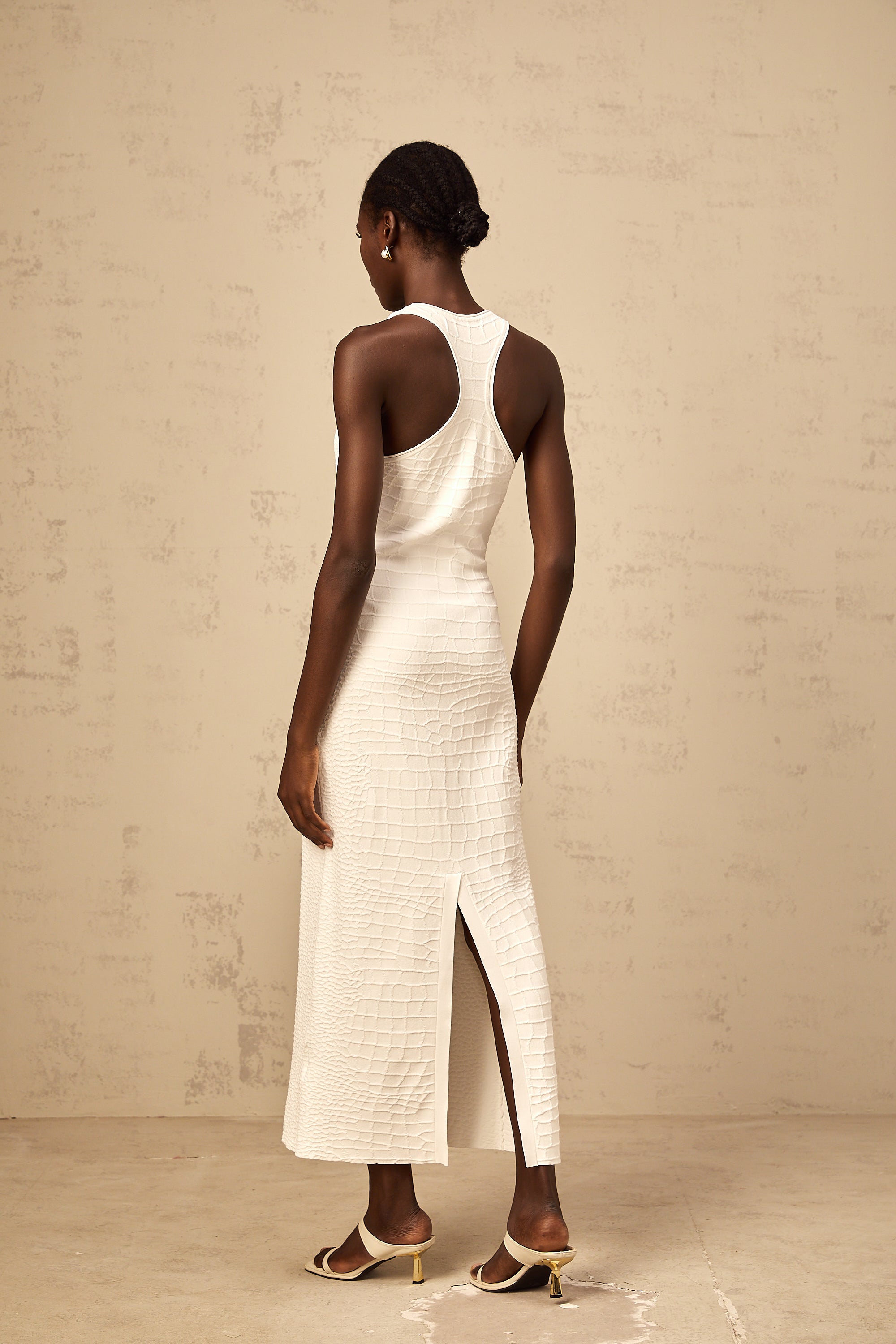 Xénia white textured jacquard tank midi dress