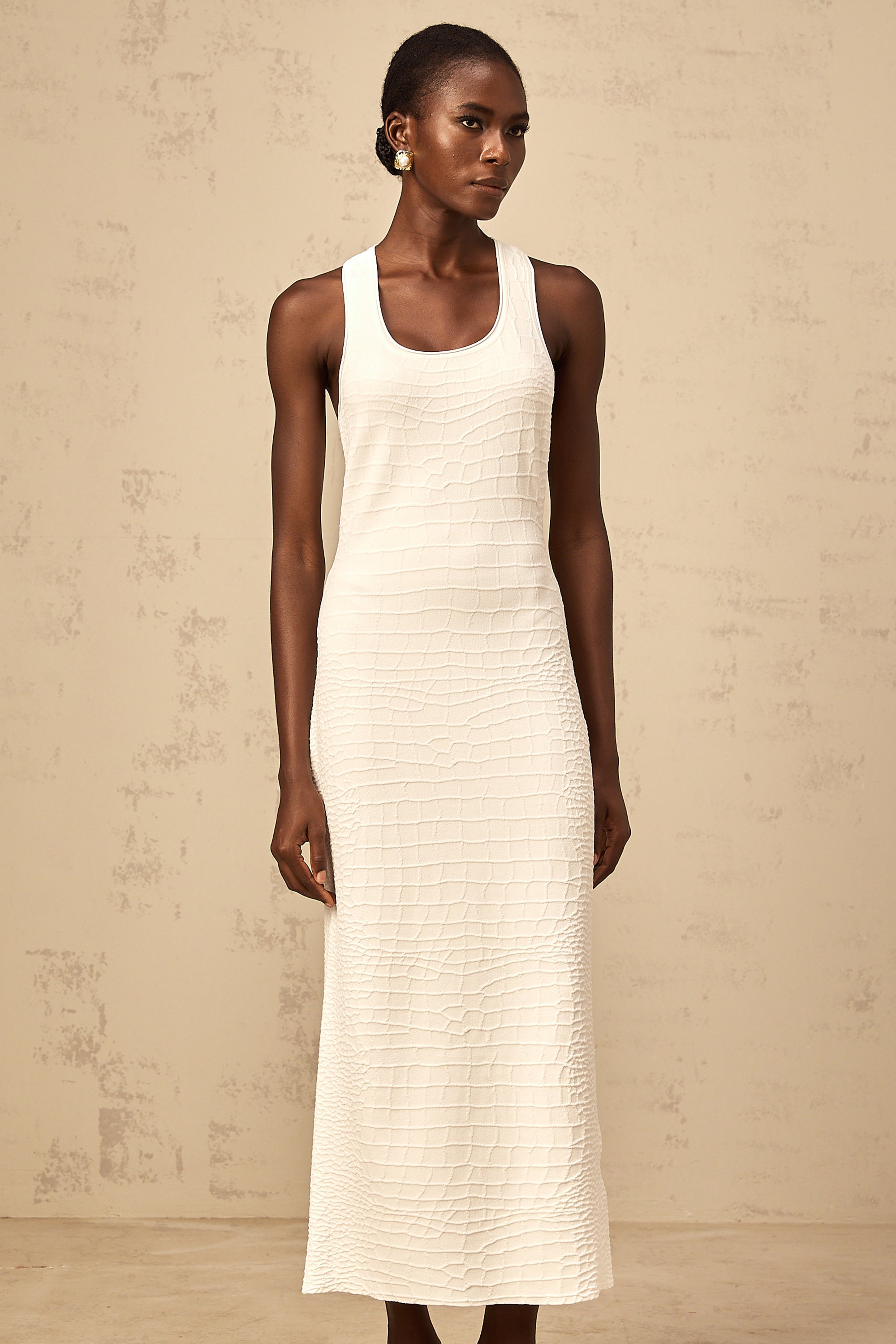 Xénia white textured jacquard tank midi dress