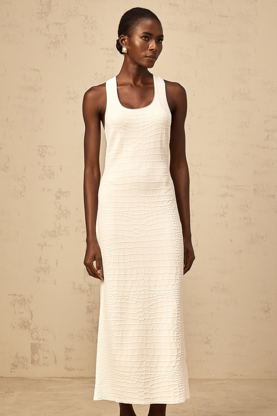 Xénia white textured jacquard tank midi dress