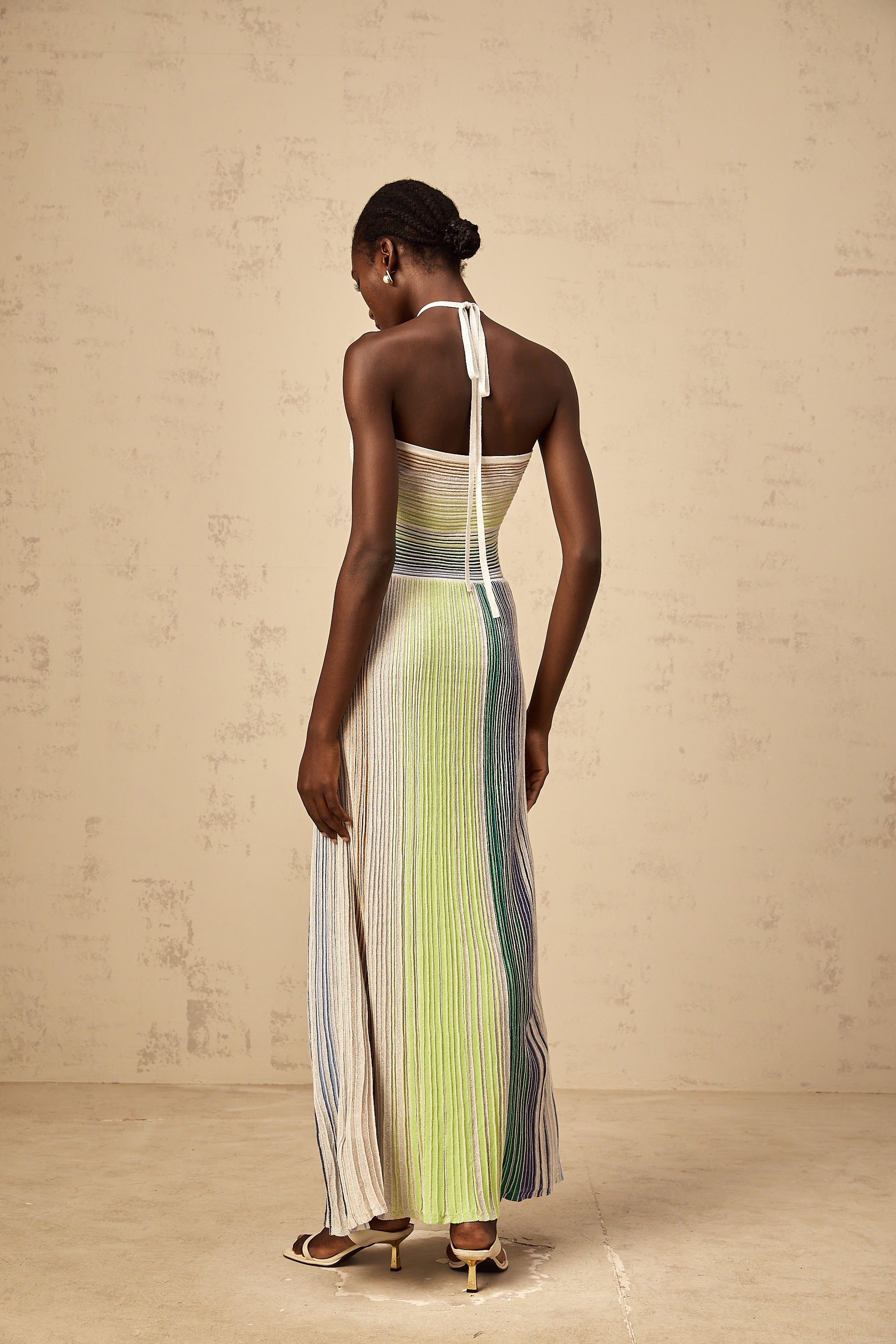 Ulysse green halterneck metallic knit maxi dress
