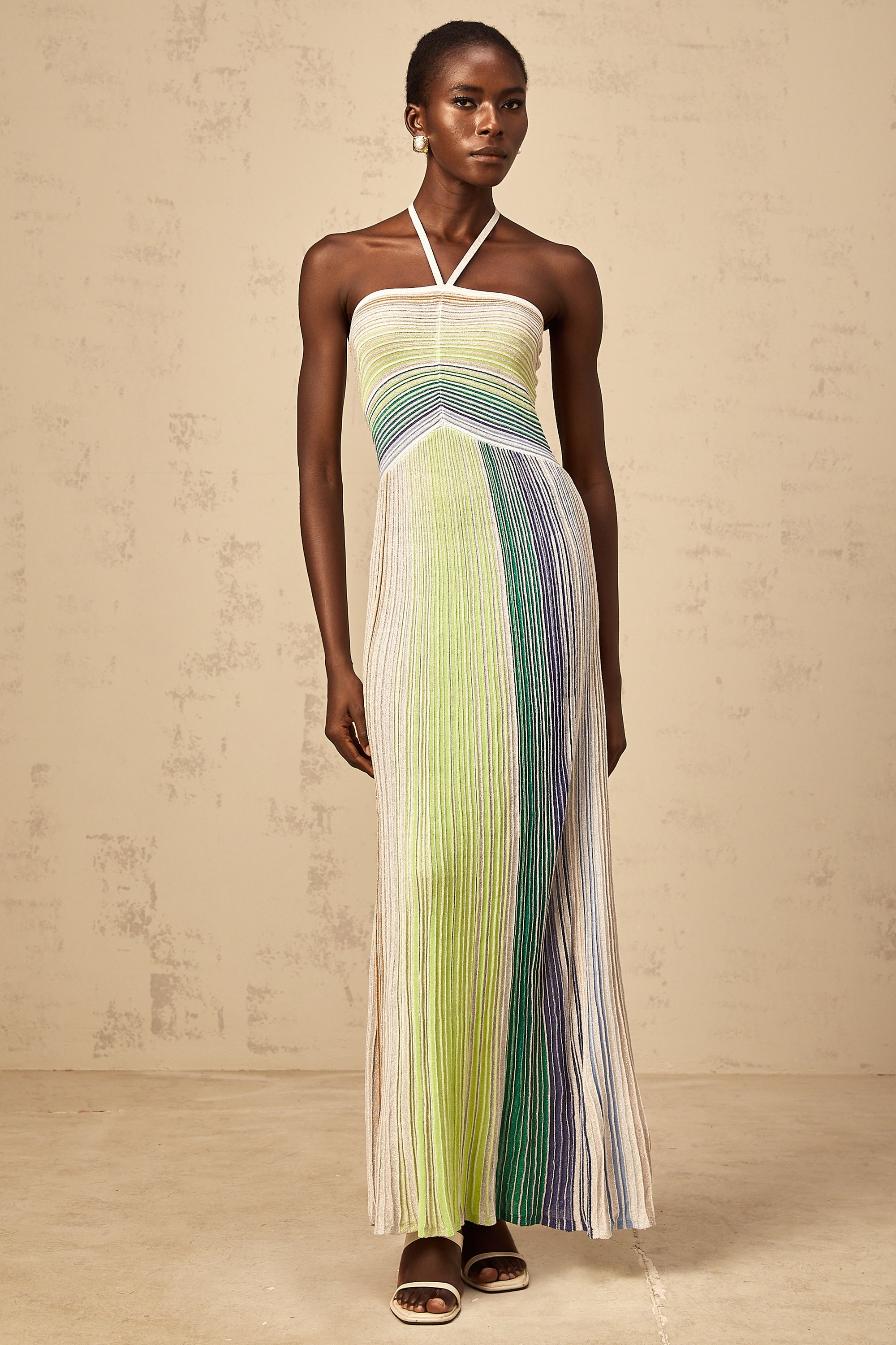Ulysse green halterneck metallic knit maxi dress
