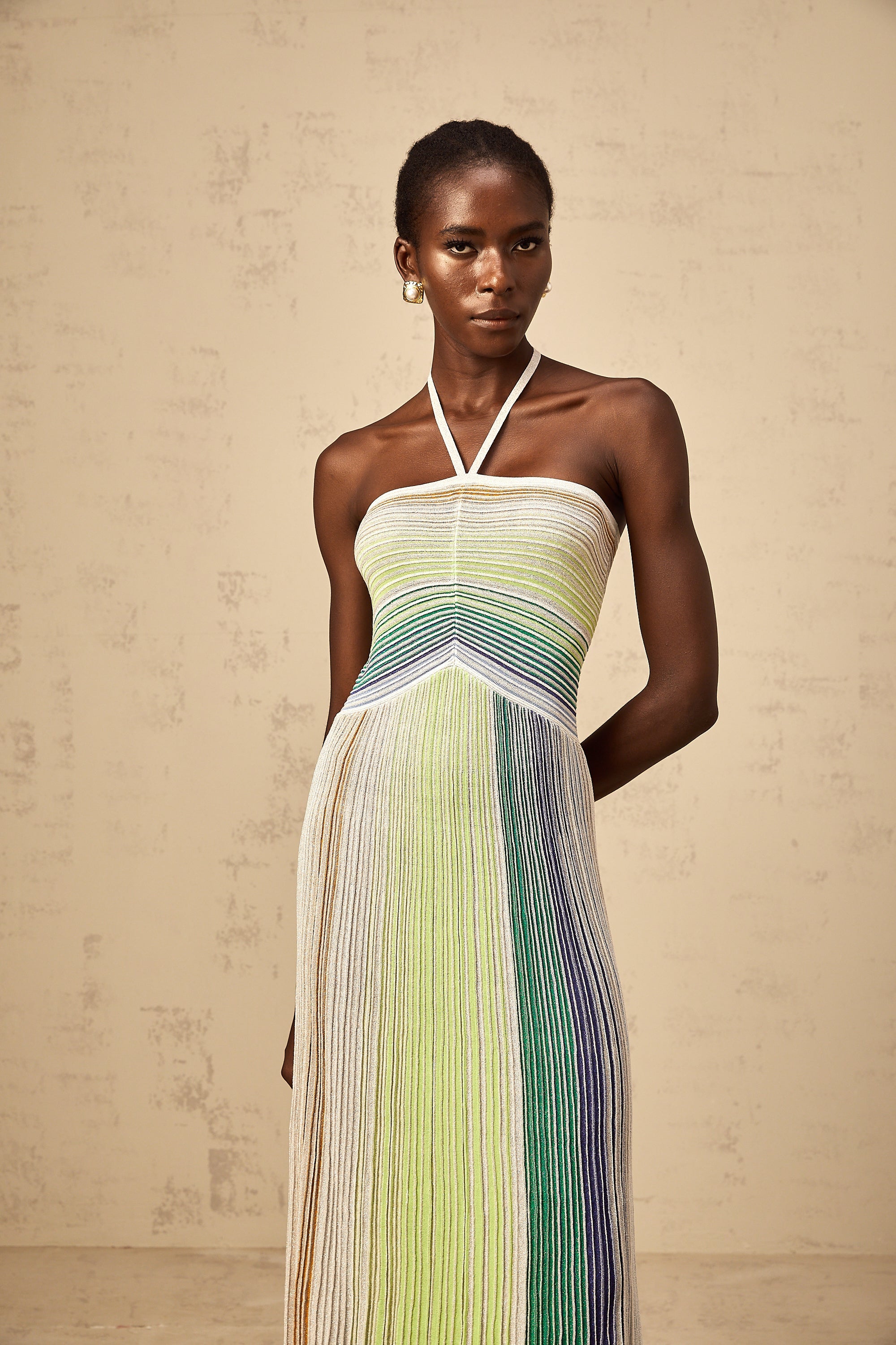 Ulysse green halterneck metallic knit maxi dress