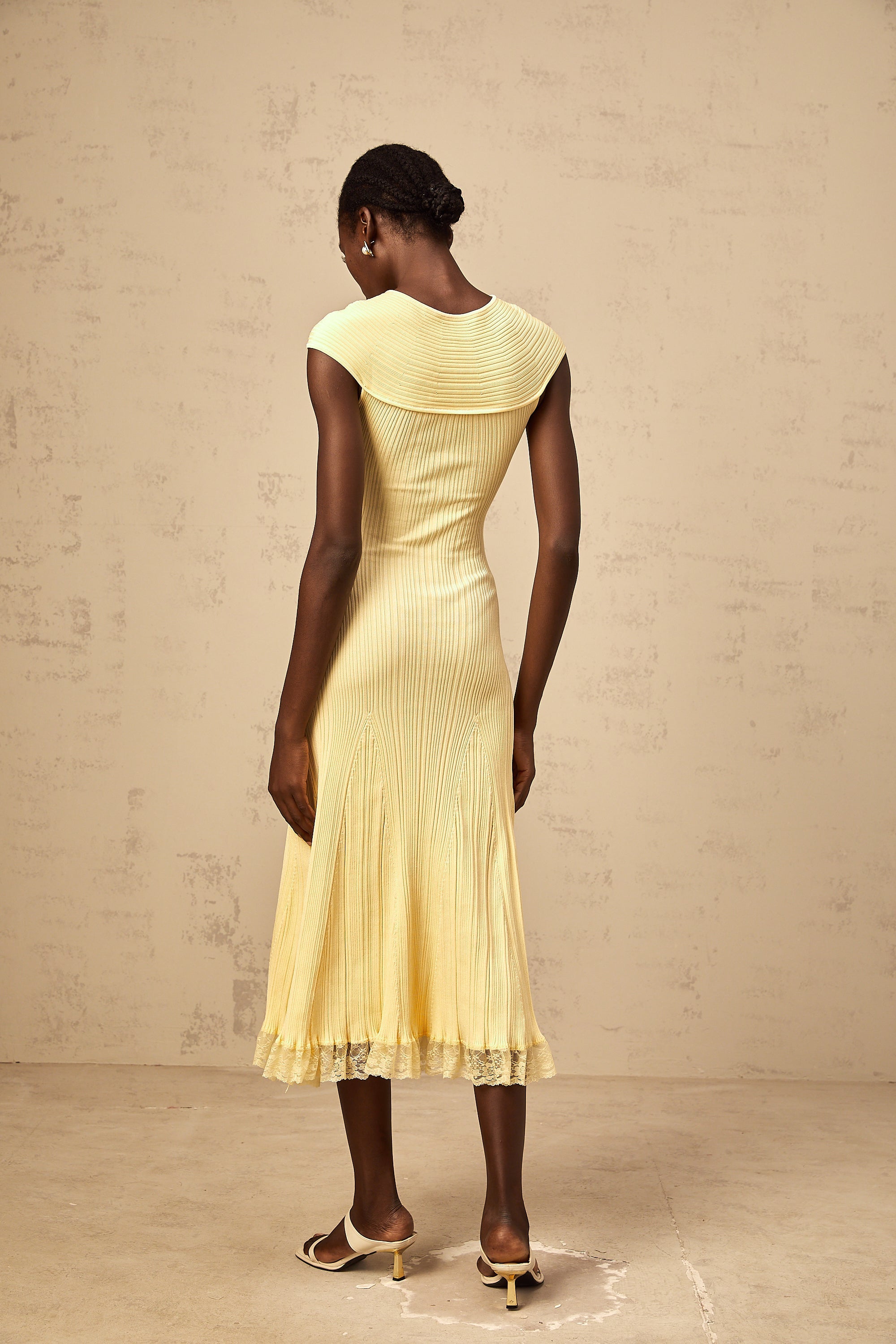 Airelle yellow lace-panelled rib-knit midi dress