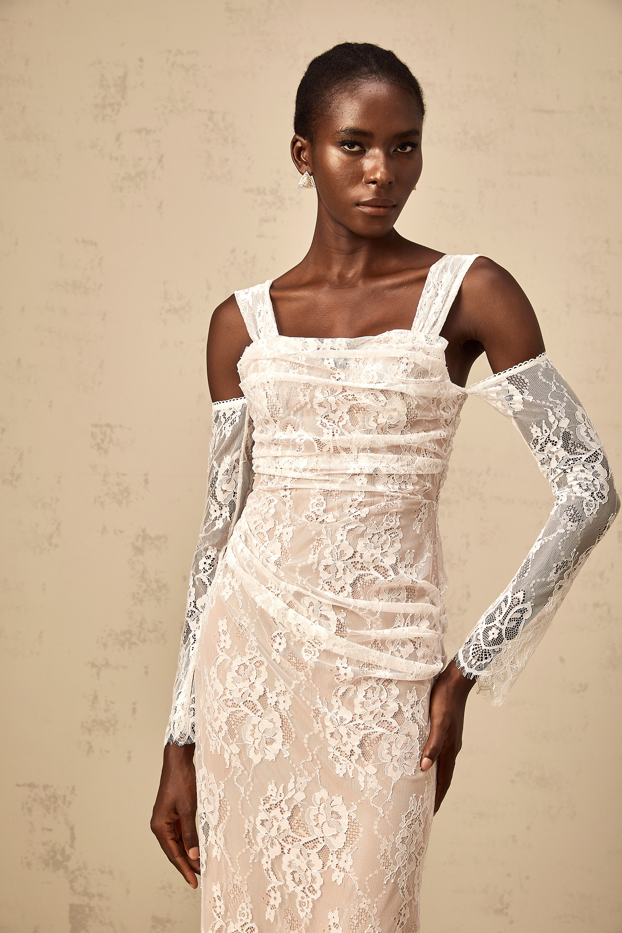 Bérénice white ruched floral-lace corset maxi dress