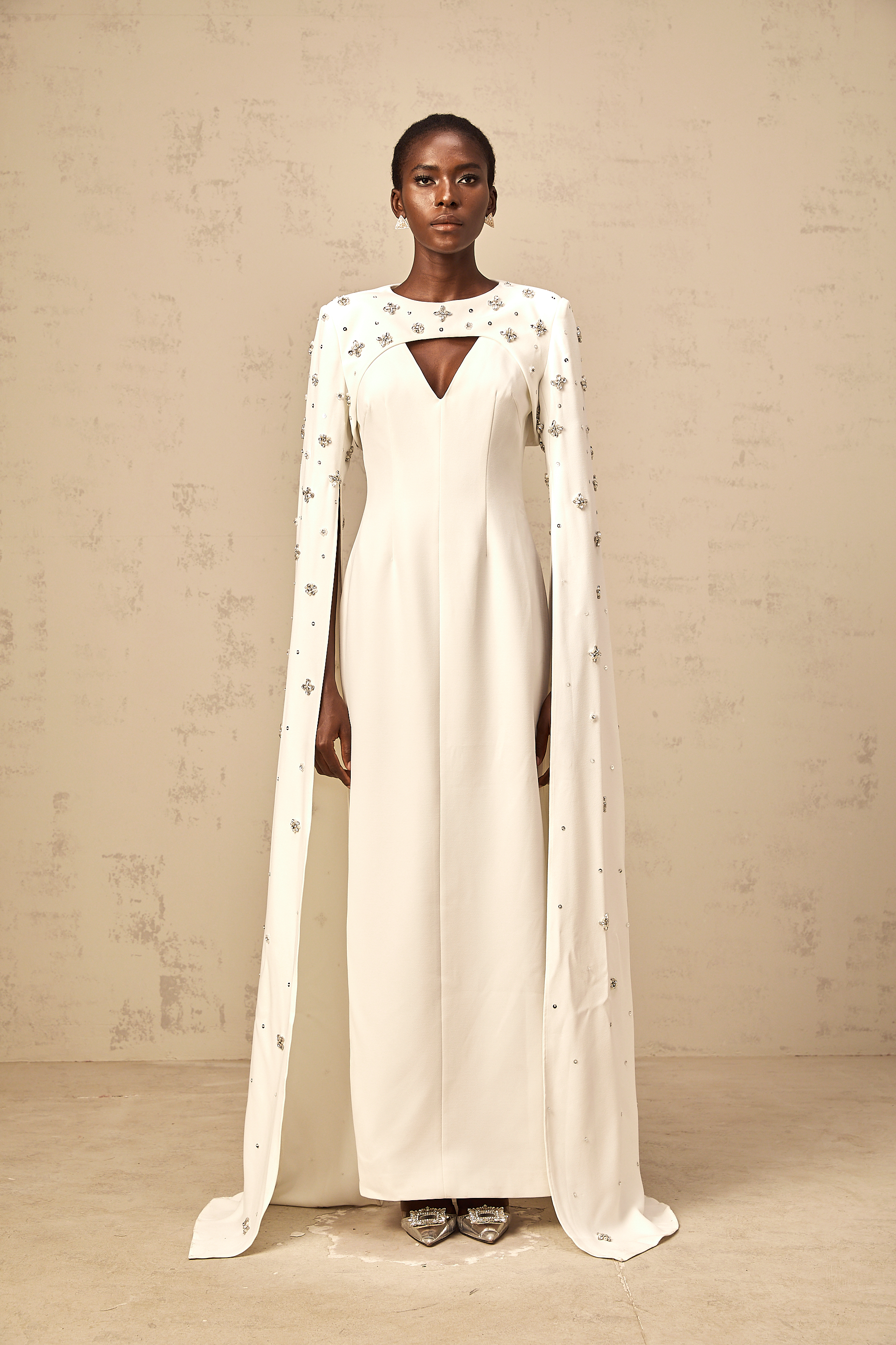 Fanny white extra-long-sleeve embellished gown