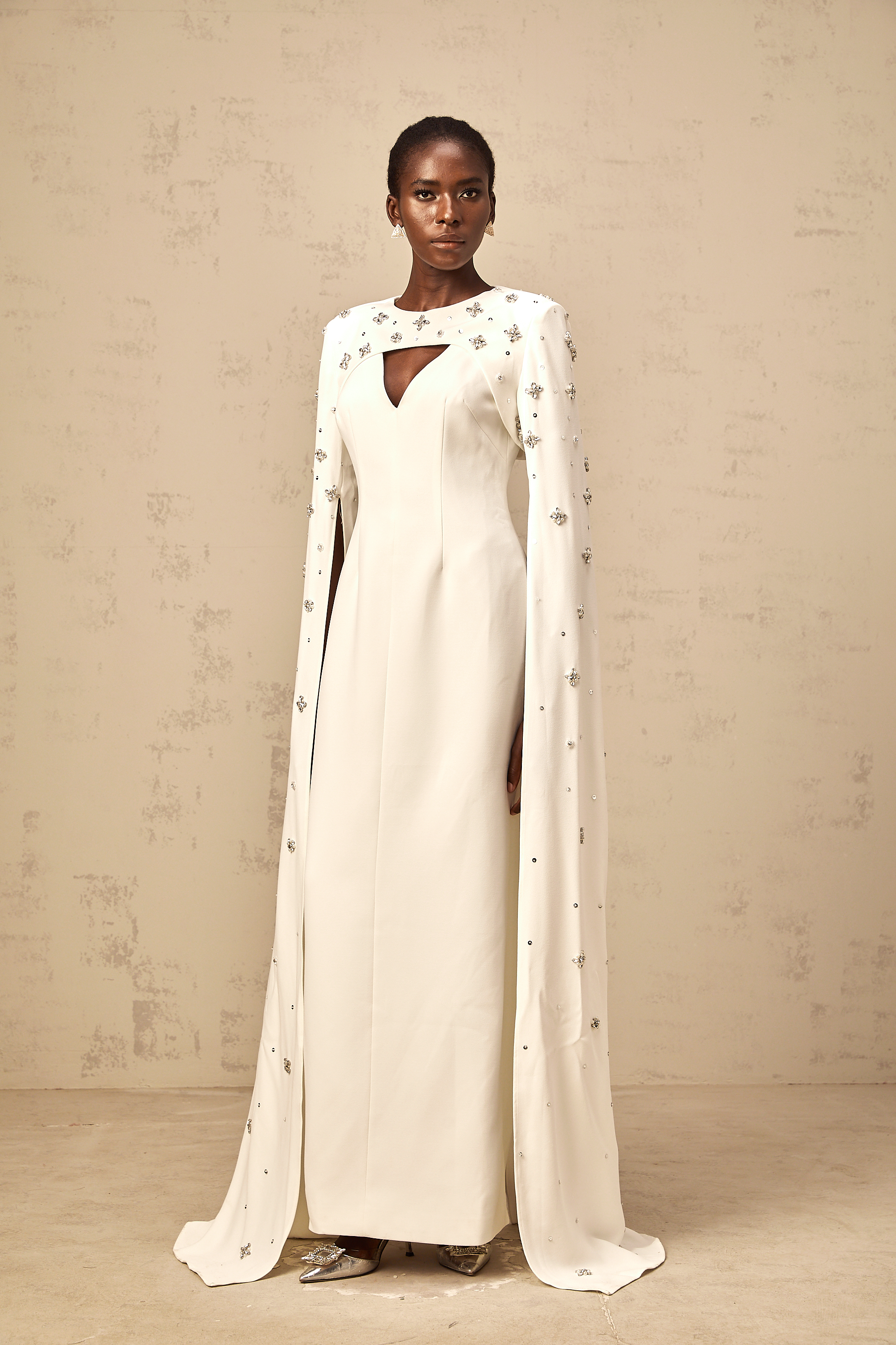 Fanny white extra-long-sleeve embellished gown