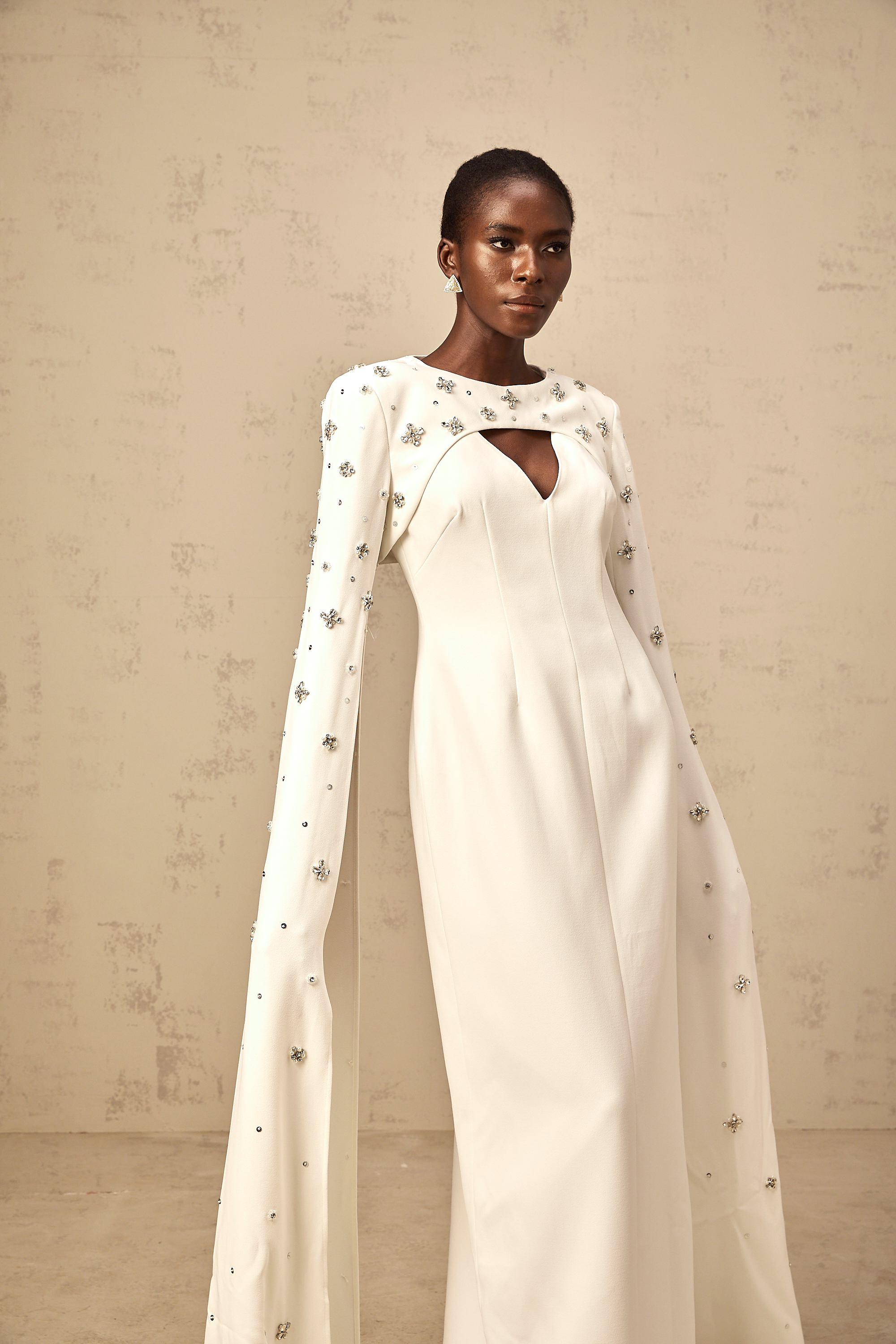 Fanny white extra-long-sleeve embellished gown