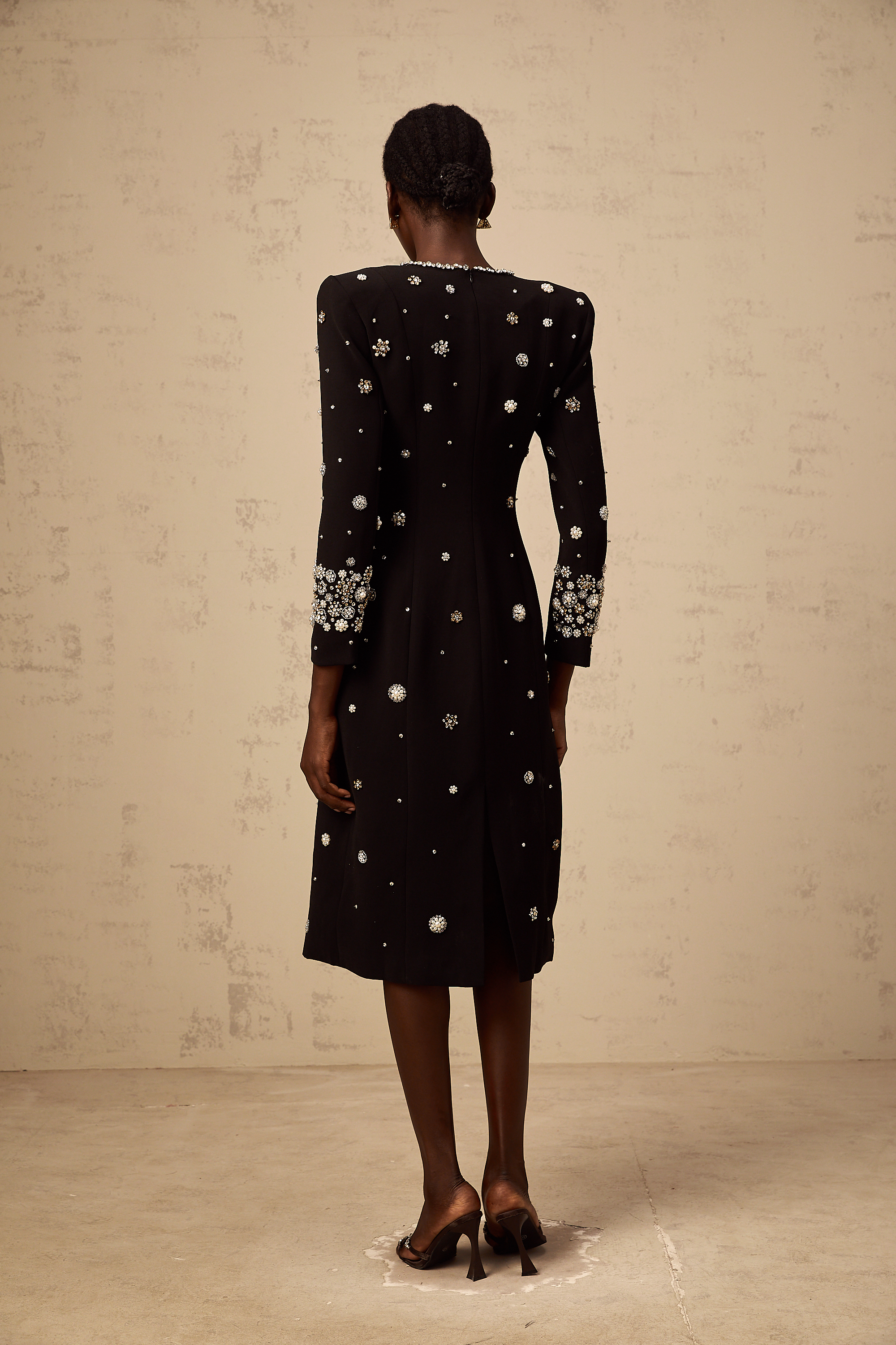 Gaëlle black dart-detail embellished midi dress