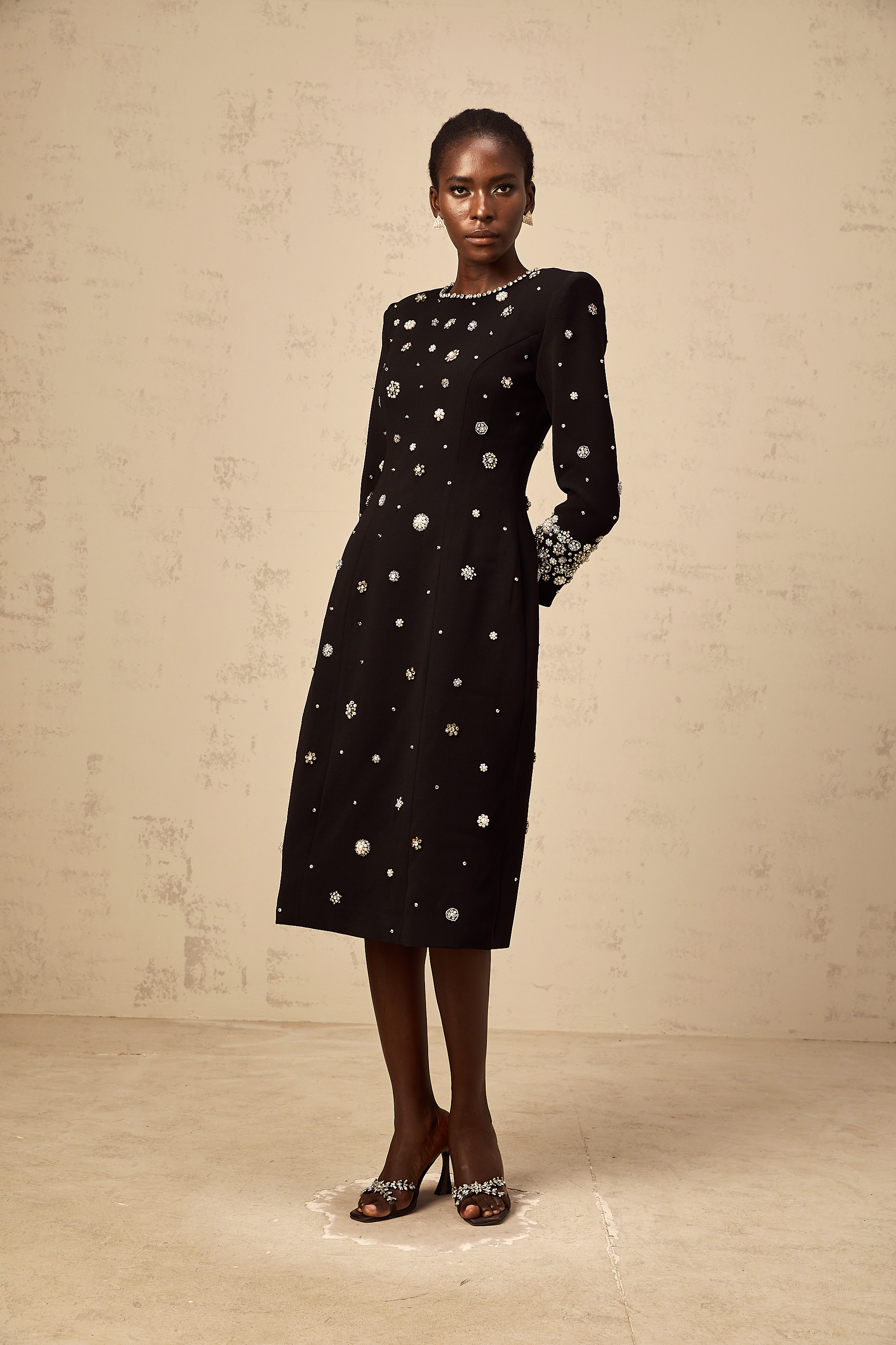Gaëlle black dart-detail embellished midi dress