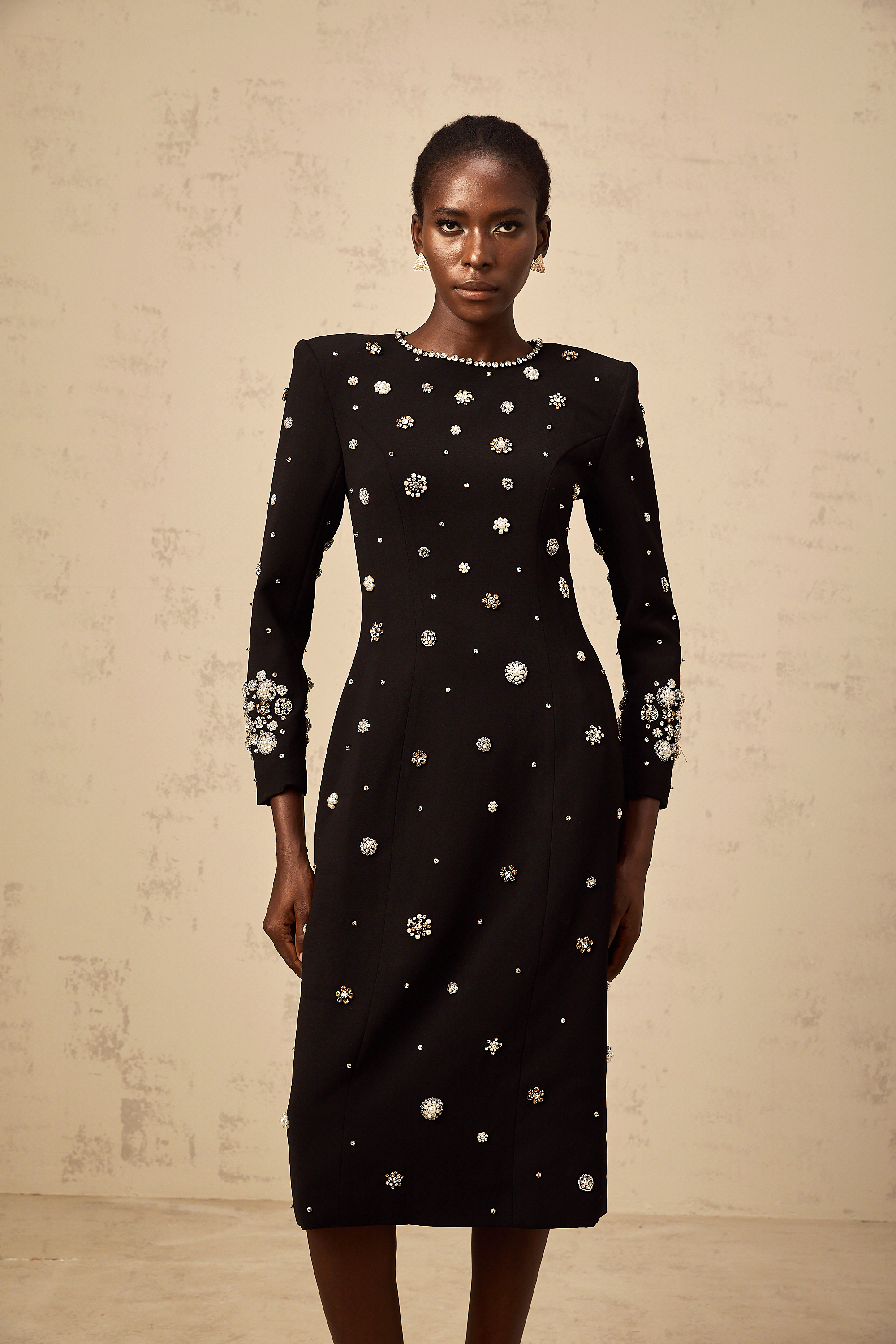 Gaëlle black dart-detail embellished midi dress