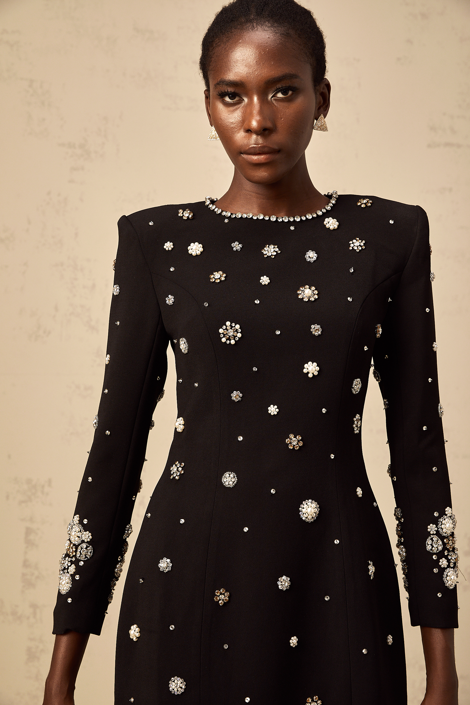 Gaëlle black dart-detail embellished midi dress
