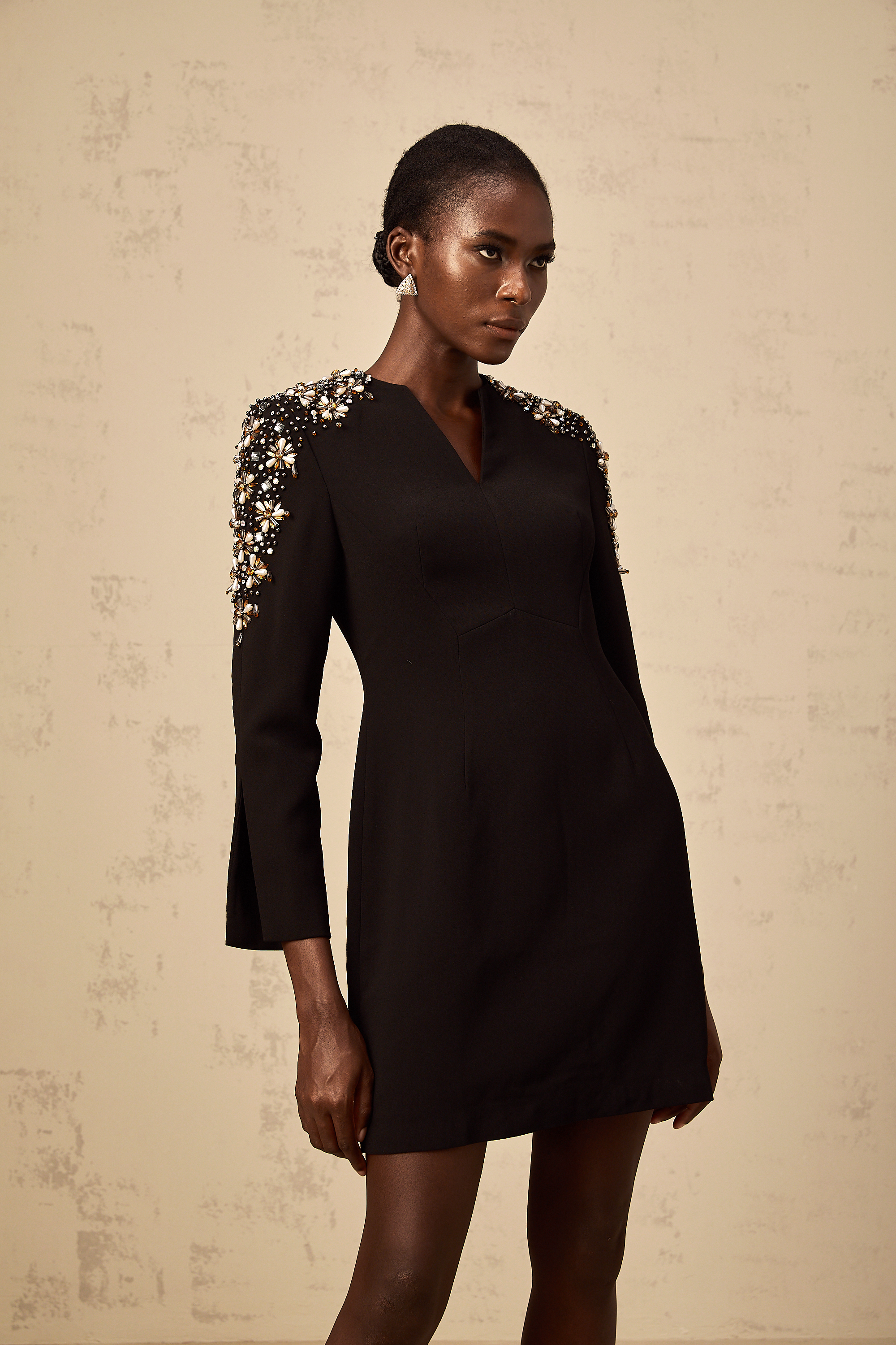 Béatrice black split-neck embellished mini dress  (Final Sale-US Only)