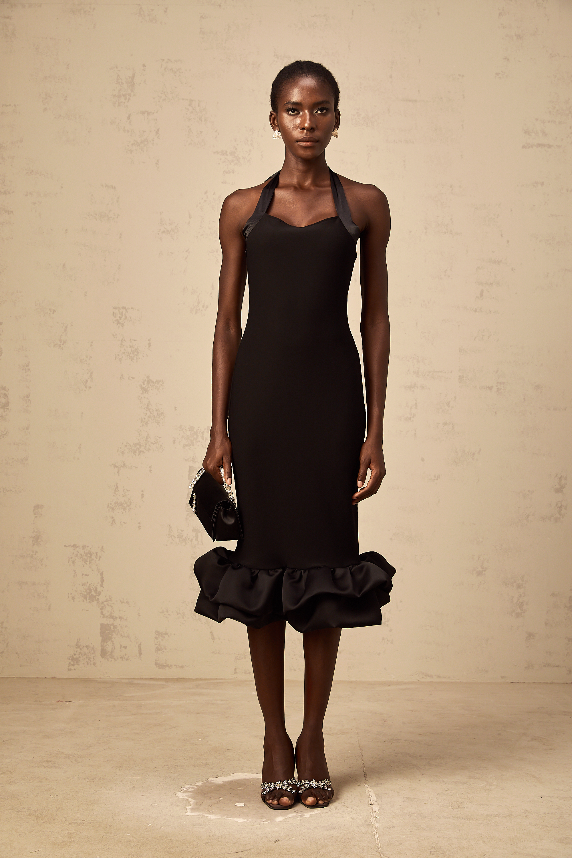 Alizée black halterneck bubble-hem midi dress
