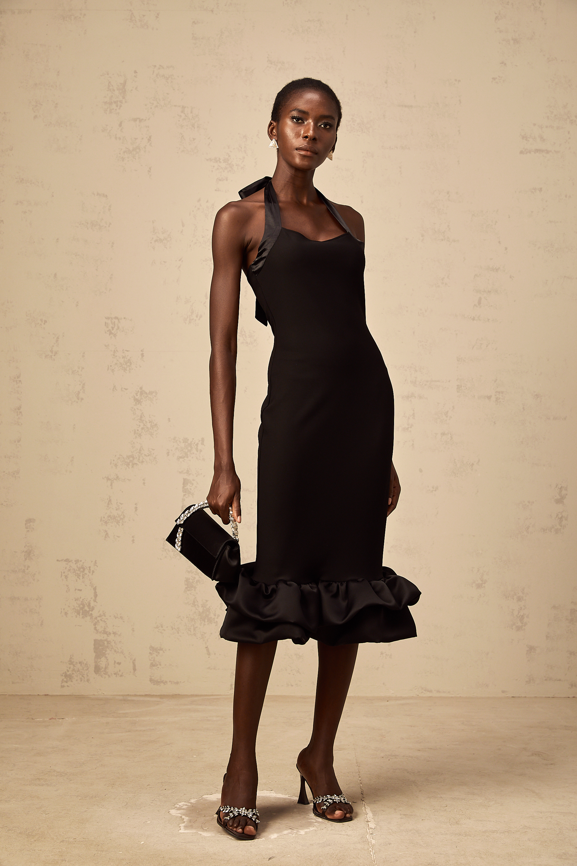 Alizée black halterneck bubble-hem midi dress
