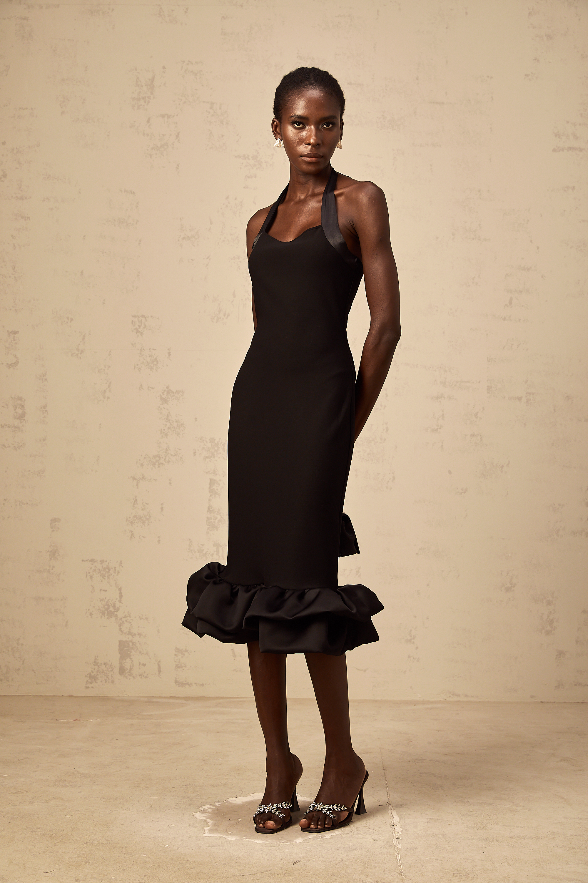 Alizée black halterneck bubble-hem midi dress
