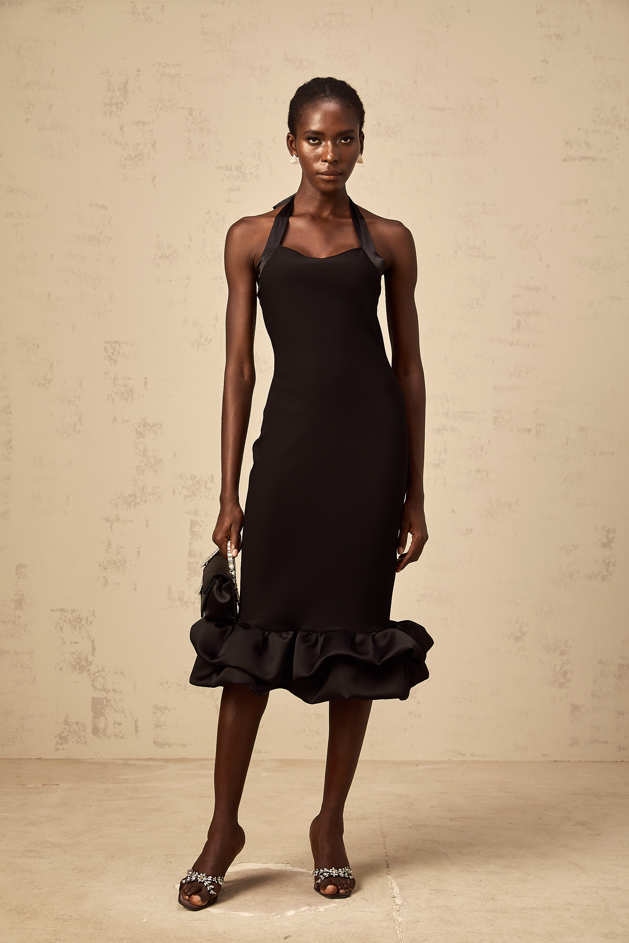Alizée black halterneck bubble-hem midi dress