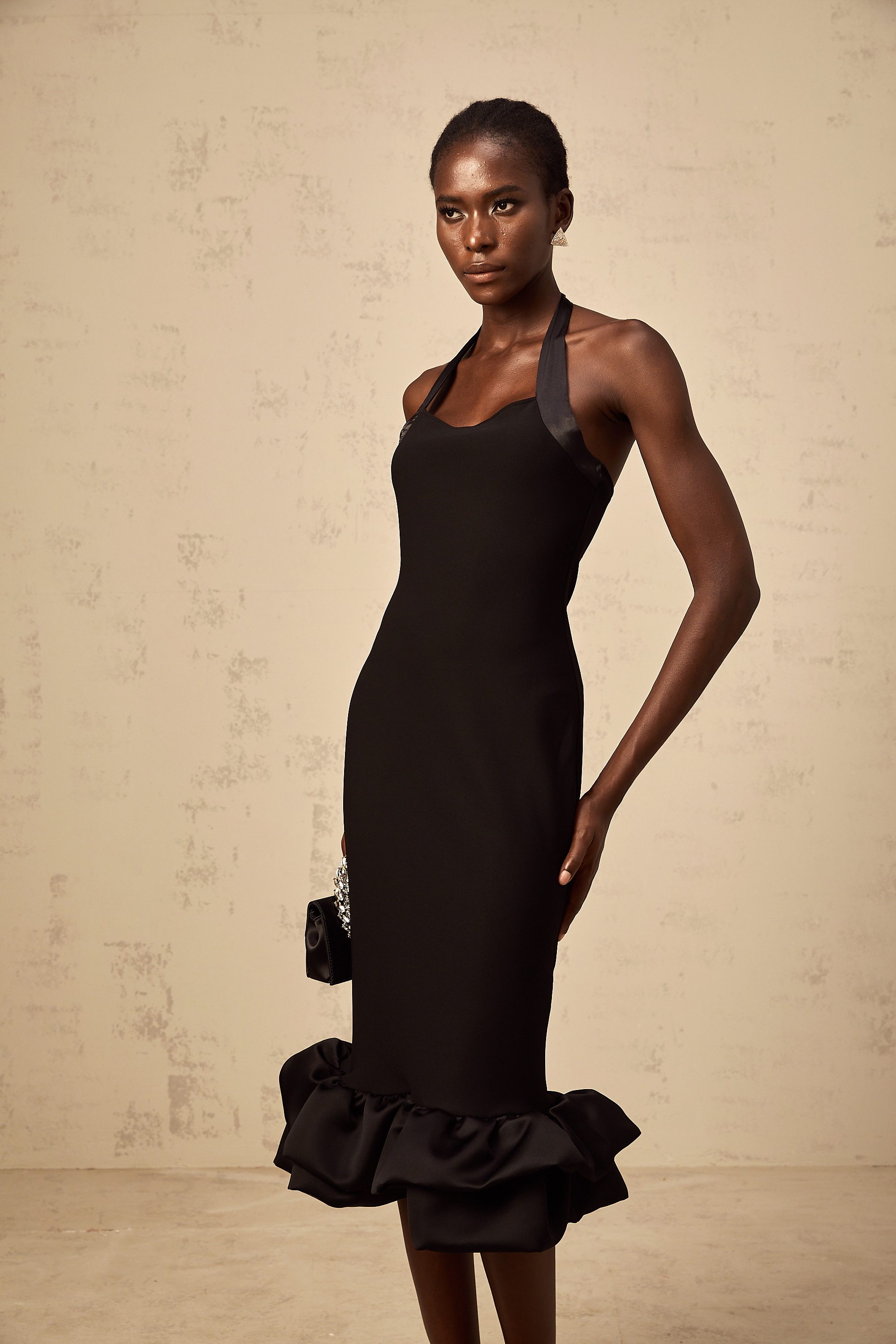 Alizée black halterneck bubble-hem midi dress
