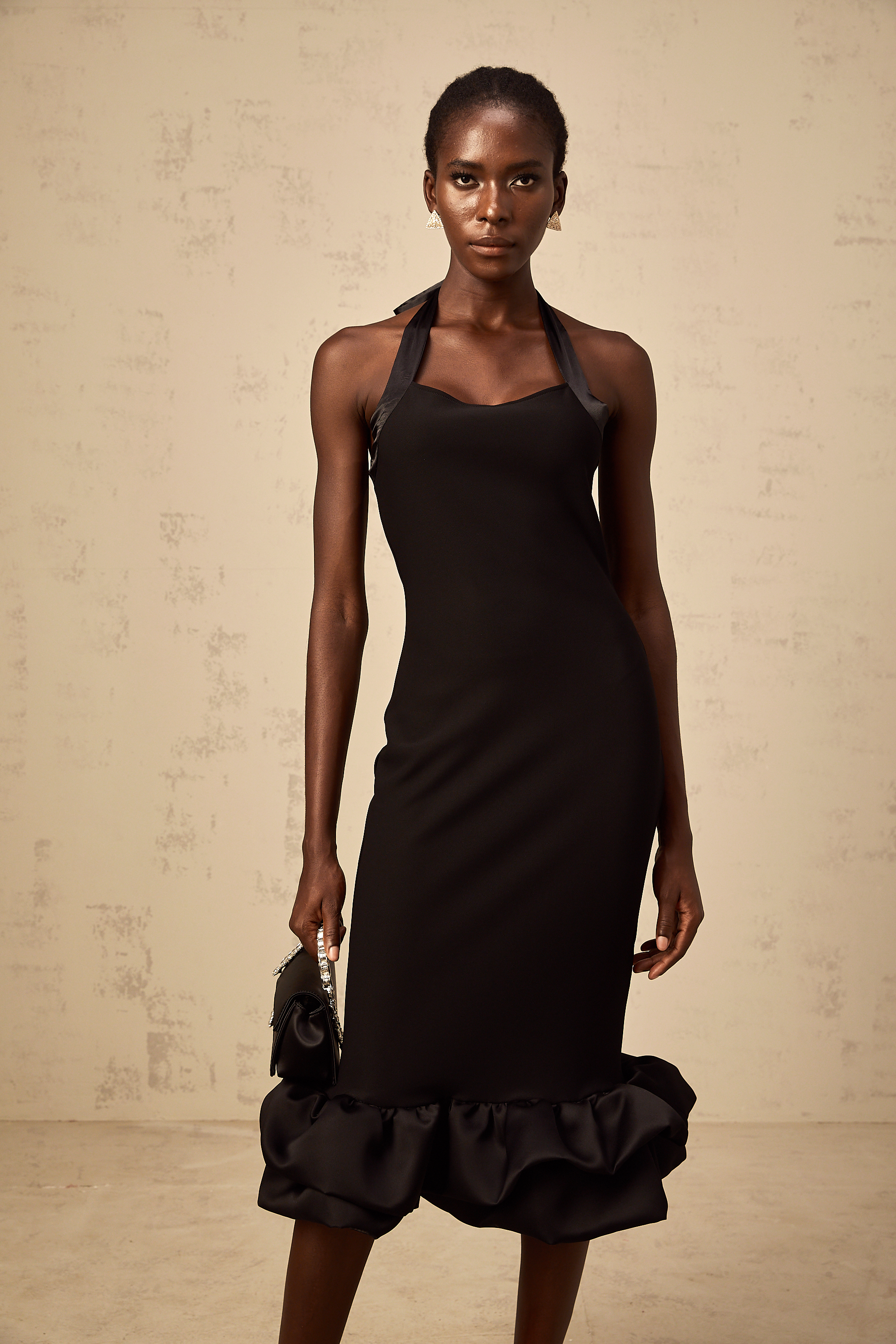 Alizée black halterneck bubble-hem midi dress