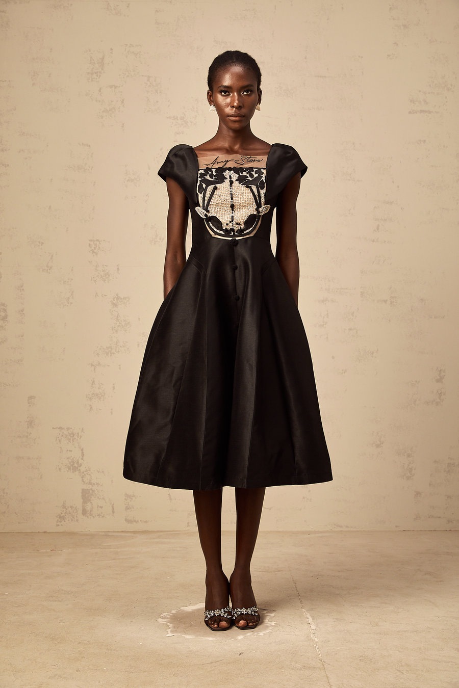 Ulrique black floral-appliqué satin midi dress
