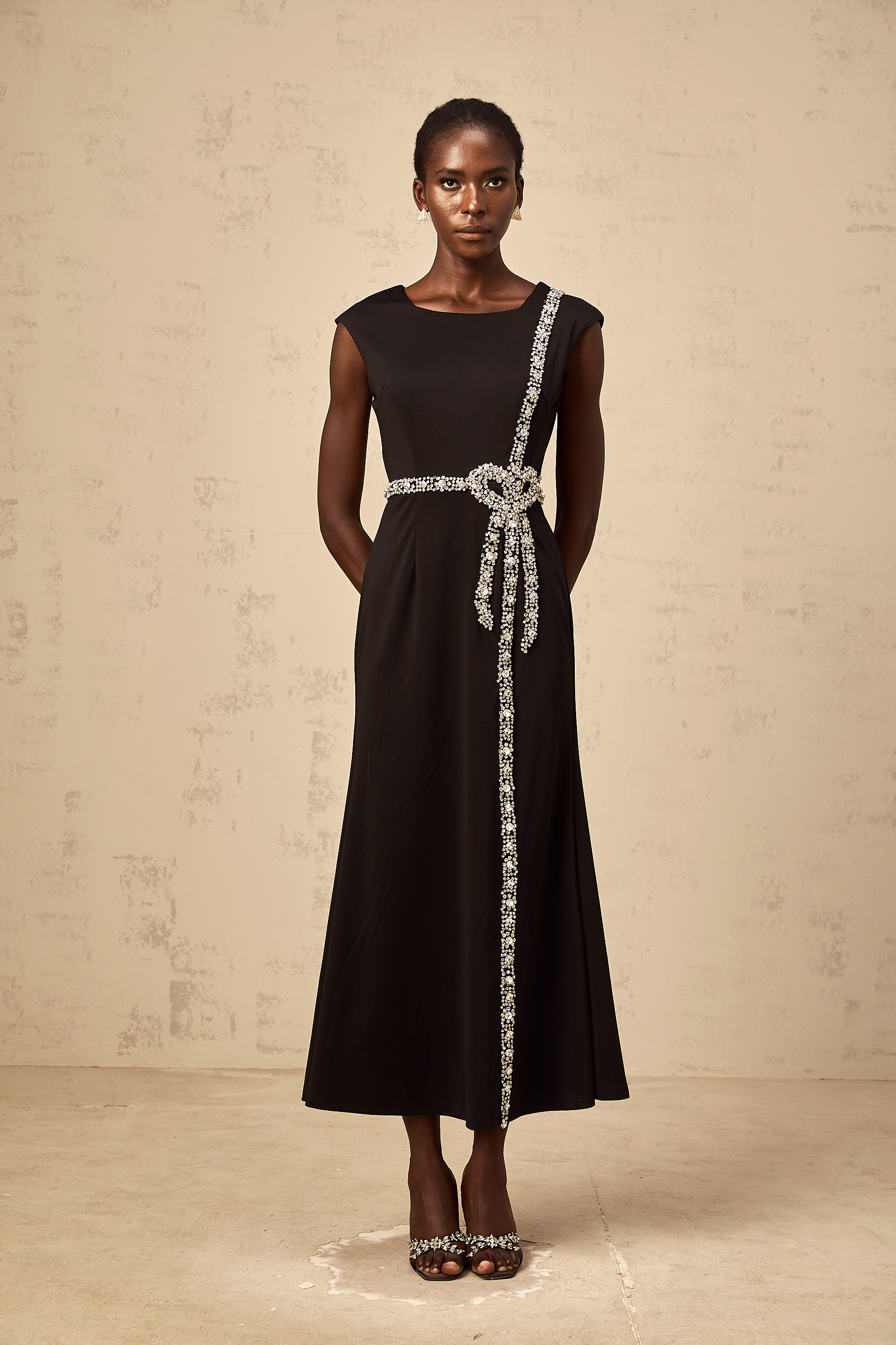 Paloma black bow embellished mermaid midi dress