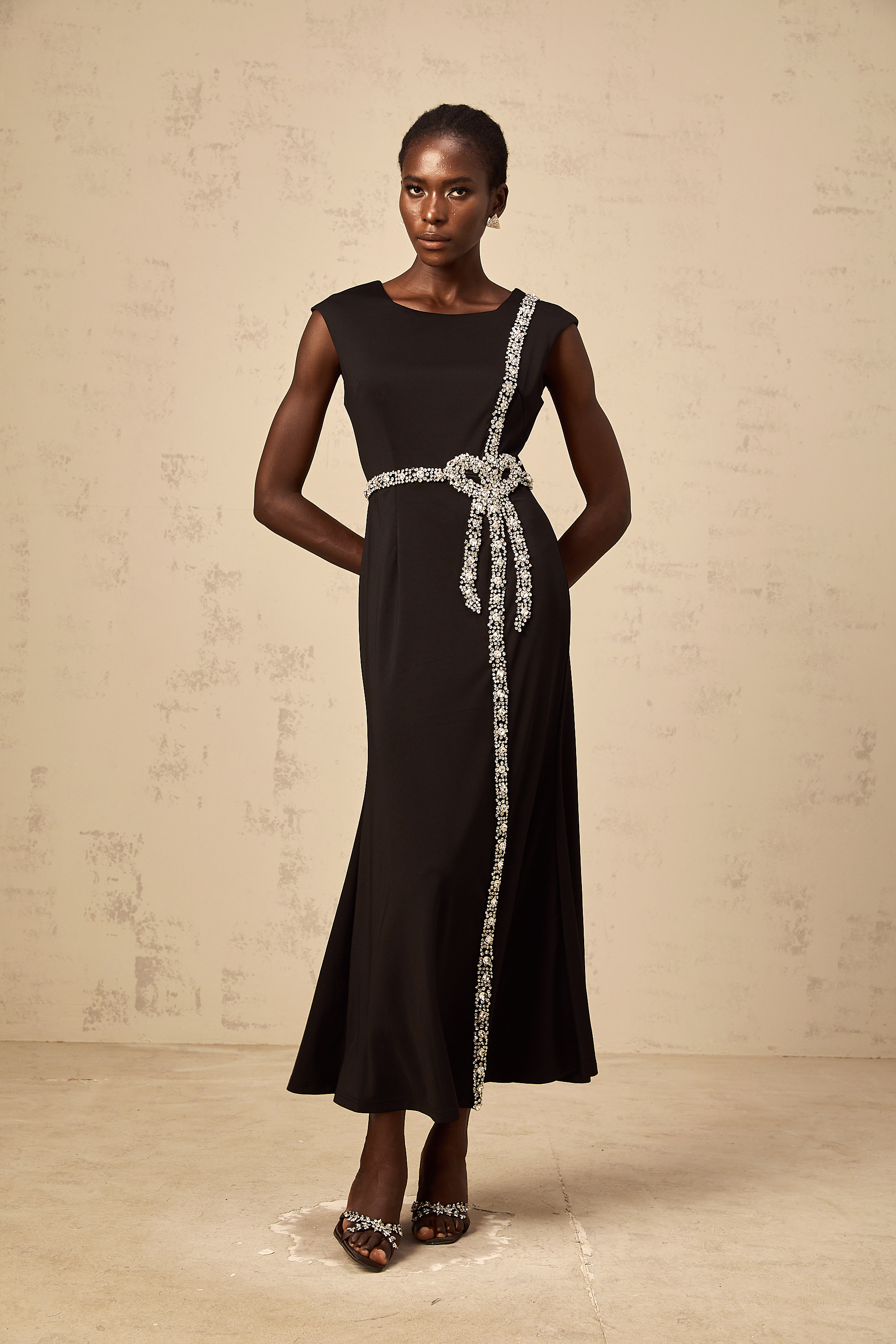 Paloma black bow embellished mermaid midi dress