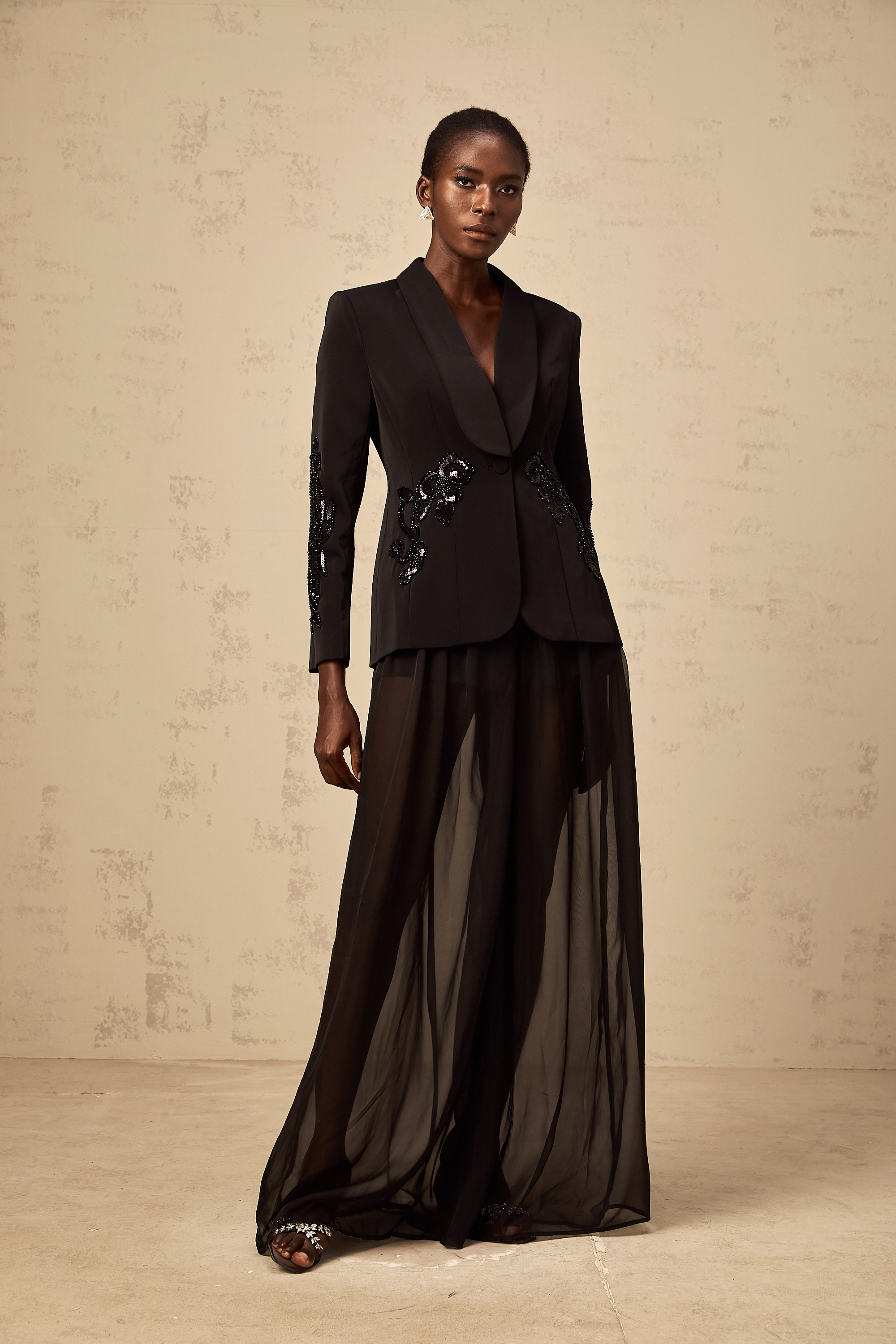 Sabine black embellished tulle-panel blazer & trousers matching set
