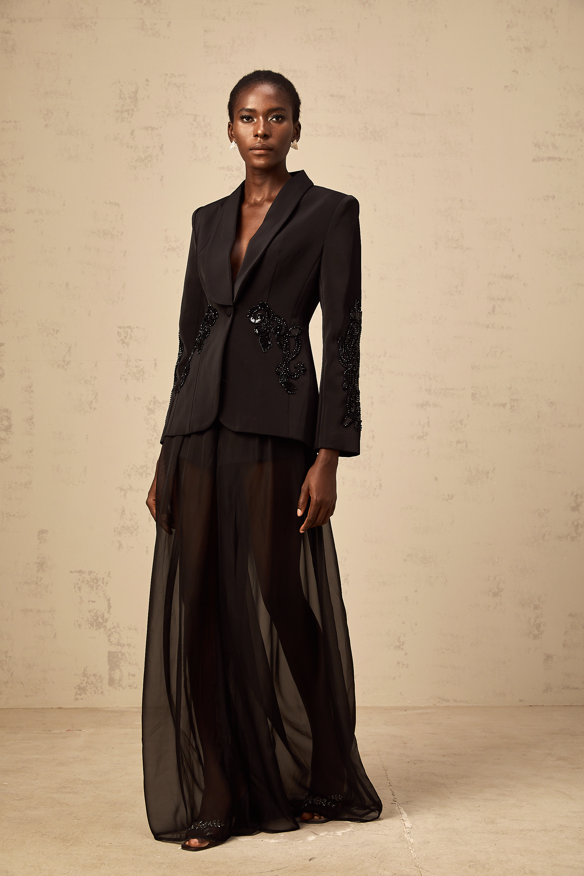 Sabine black embellished tulle-panel blazer & trousers matching set