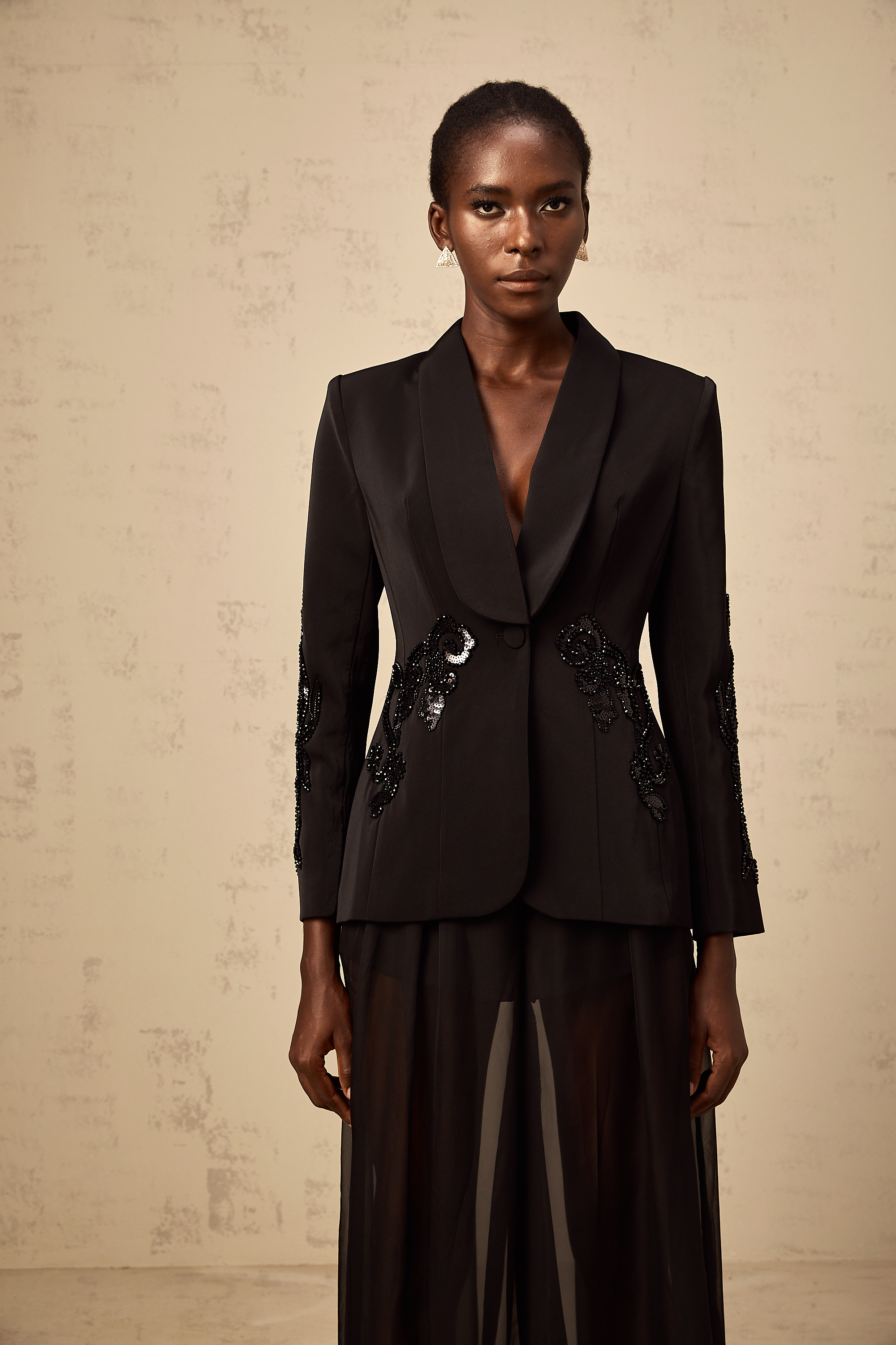 Sabine black embellished tulle-panel blazer & trousers matching set