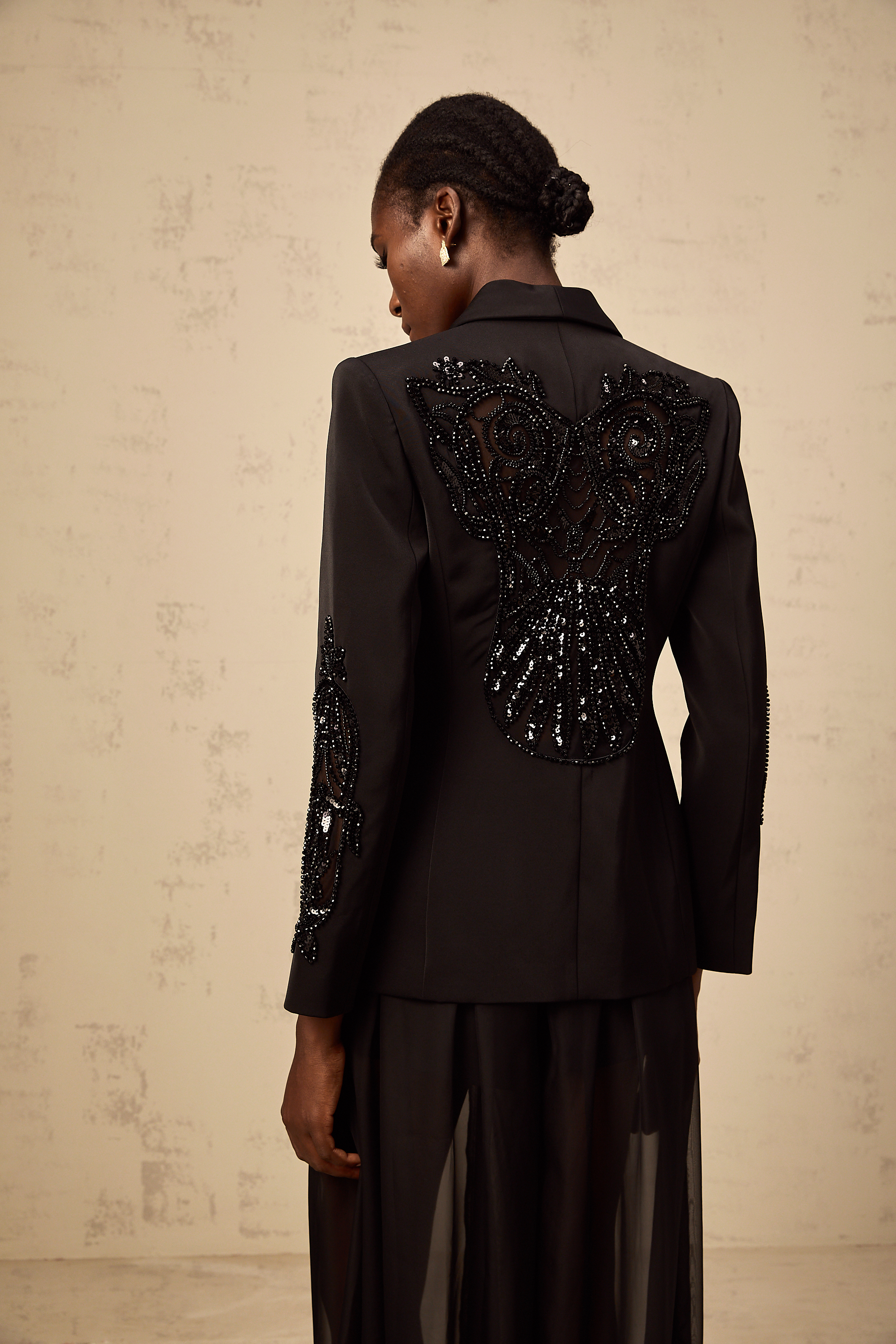Sabine black embellished tulle-panel blazer & trousers matching set