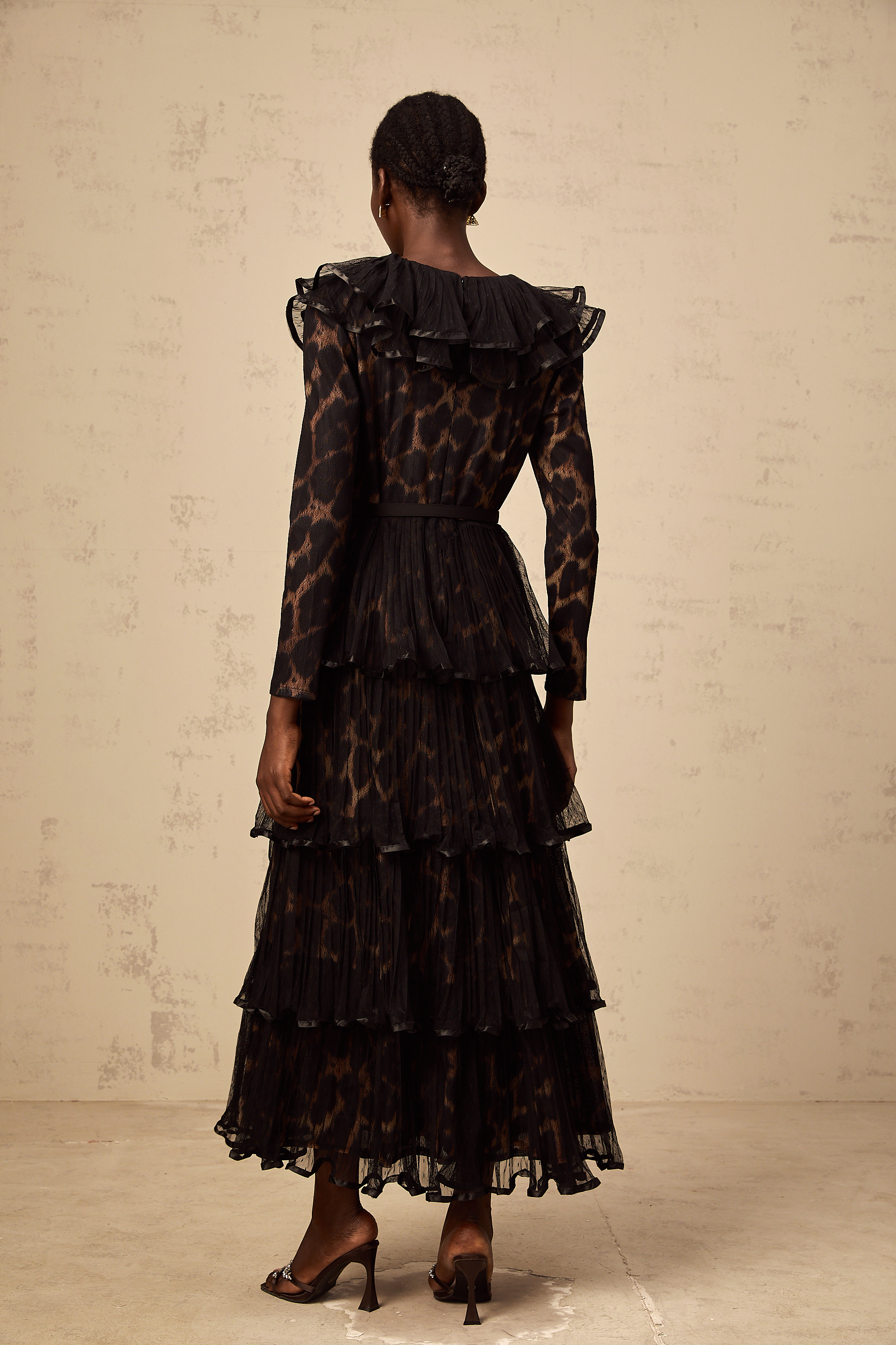 Mélodie black leopard-print tiered flounce midi dress