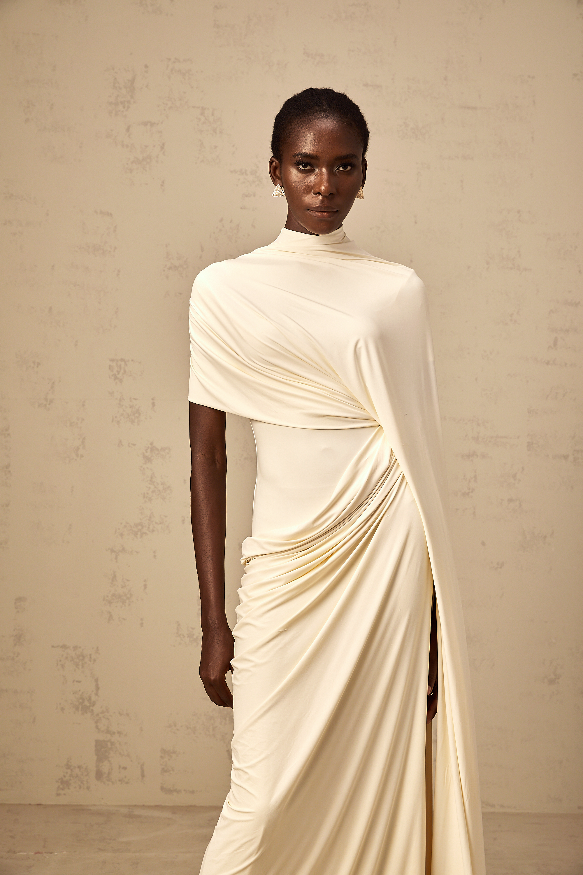 Priscille asymmetrical draped cape & dress matching set in White