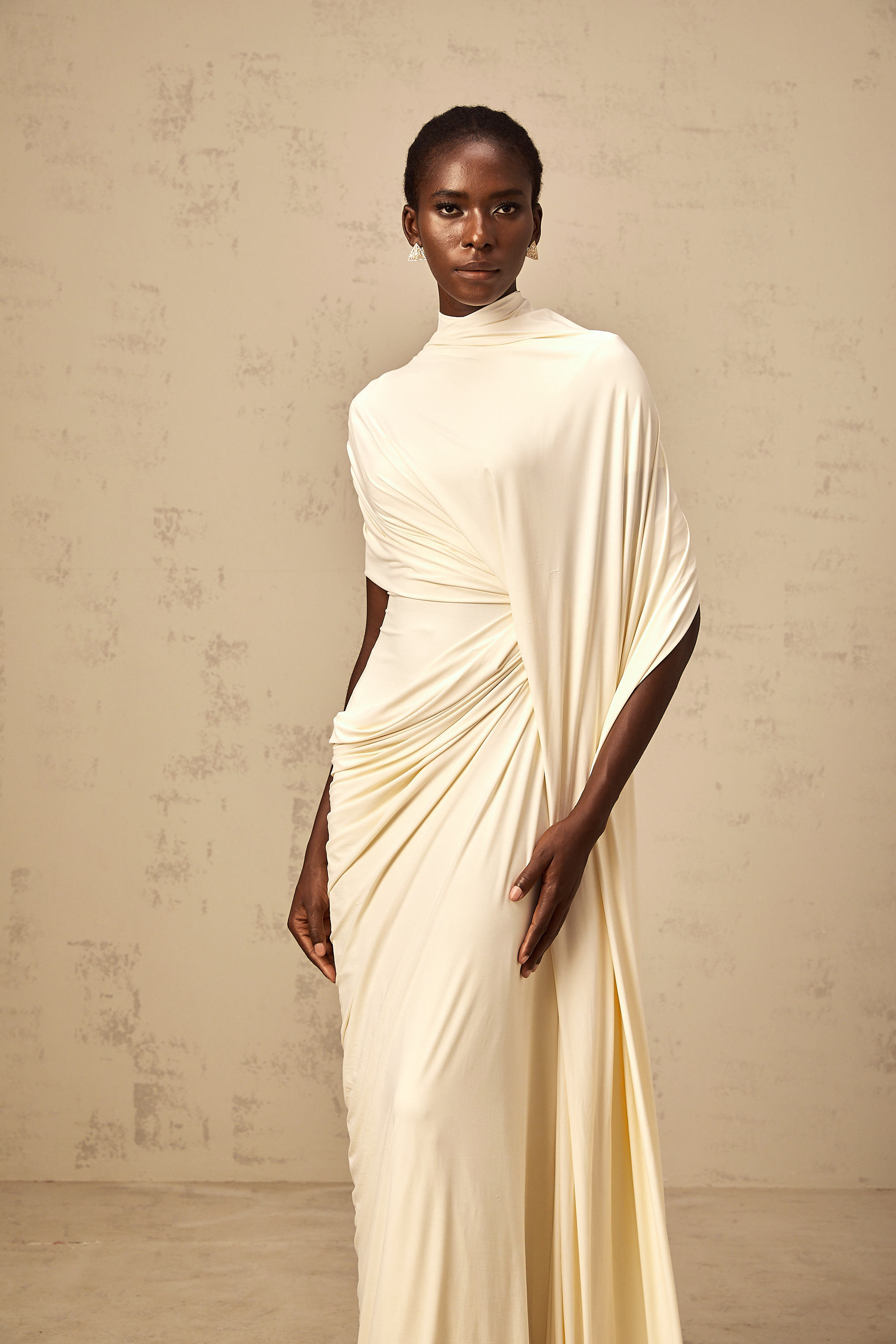 Priscille asymmetrical draped cape & dress matching set in White