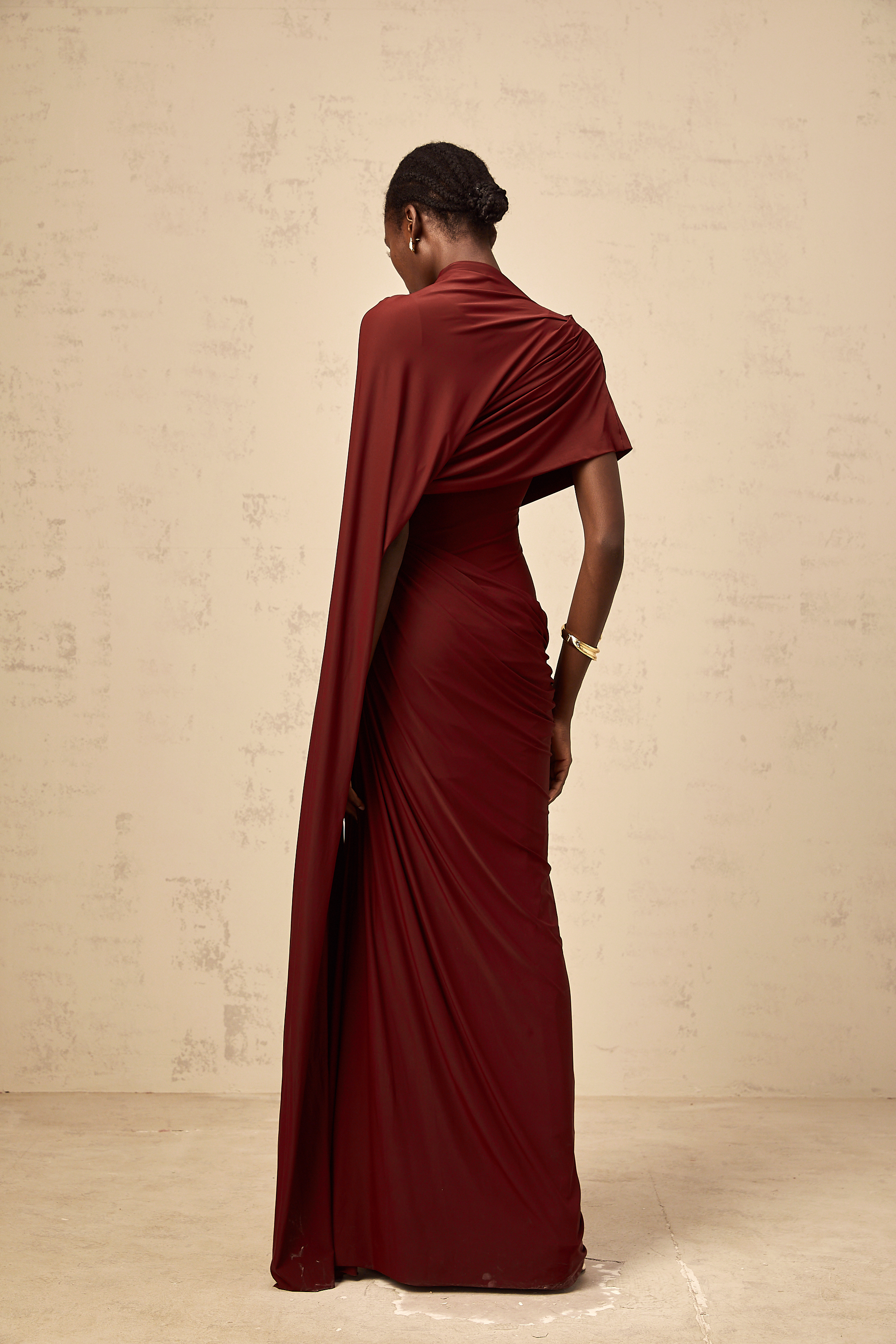 Priscille asymmetrical draped cape & dress matching set in Burgundy