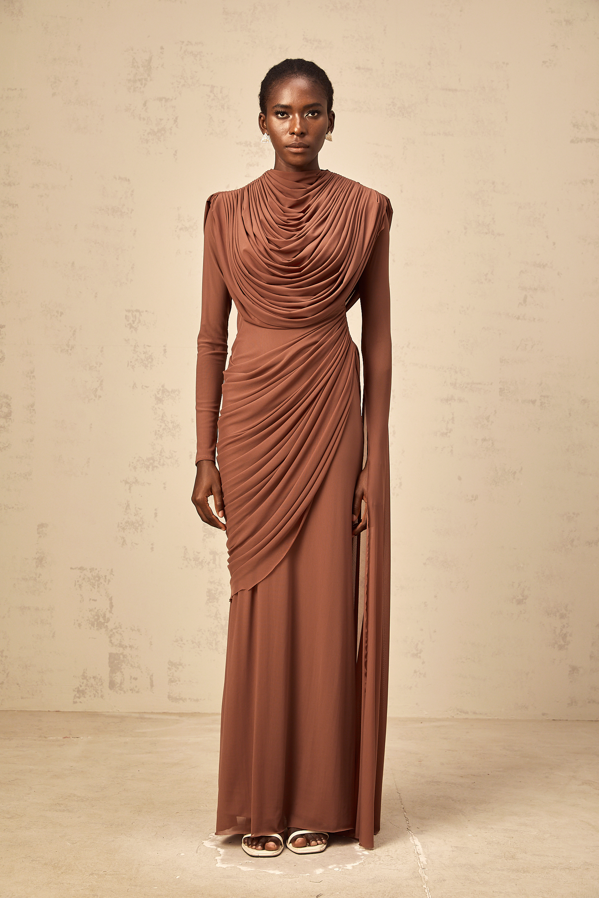 Danaé brown shirred-effect draped maxi dress