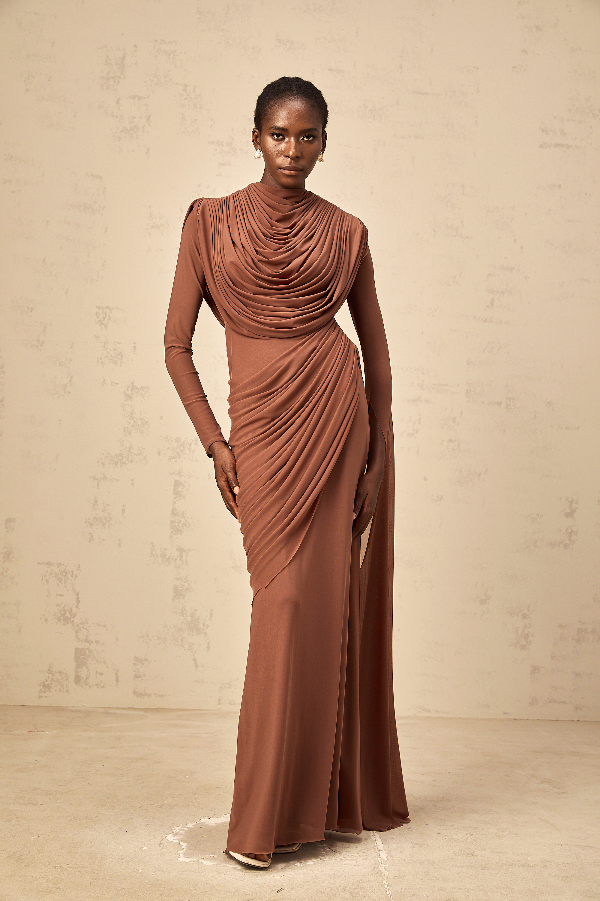Danaé brown shirred-effect draped maxi dress
