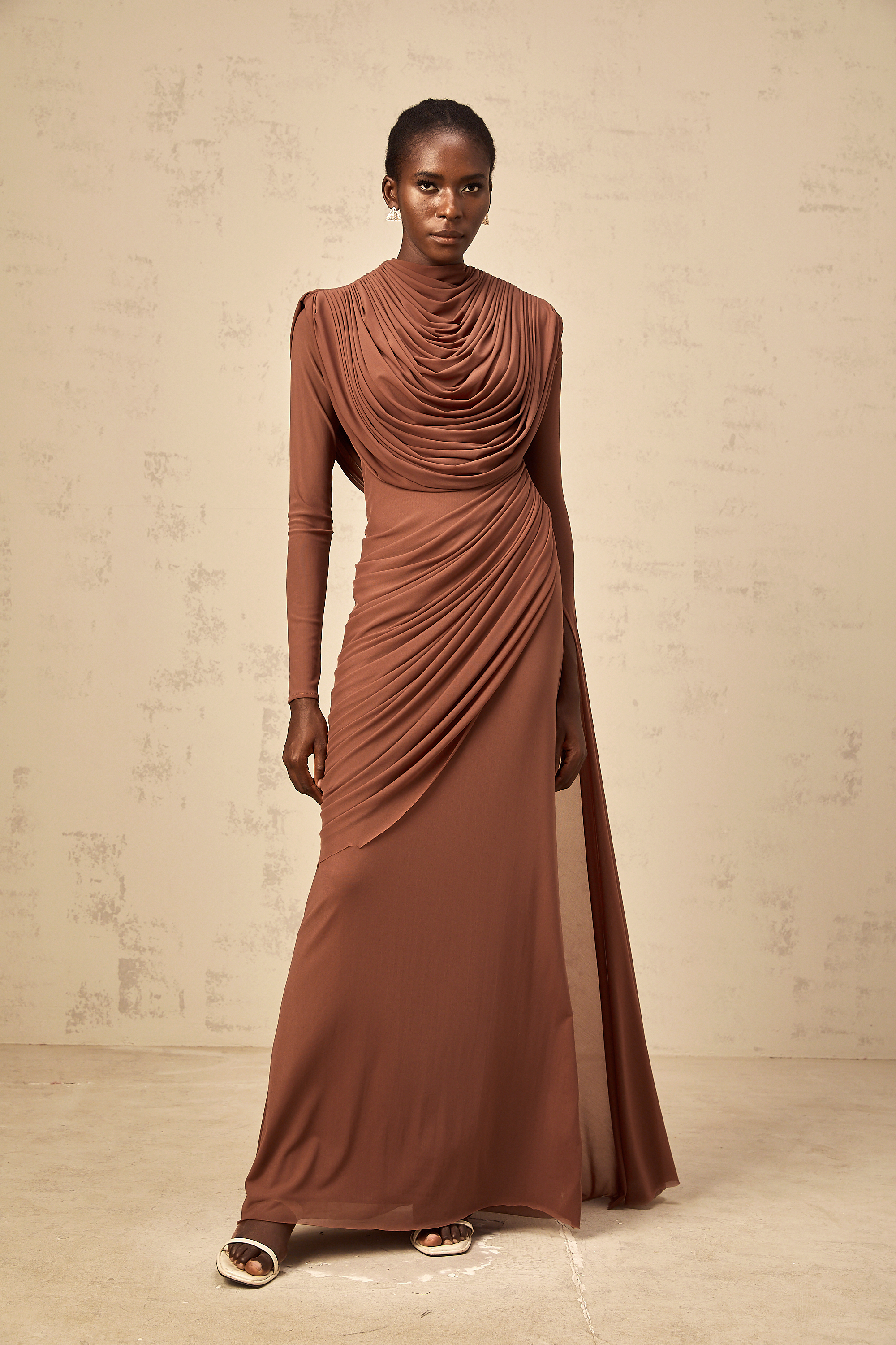Danaé brown shirred-effect draped maxi dress