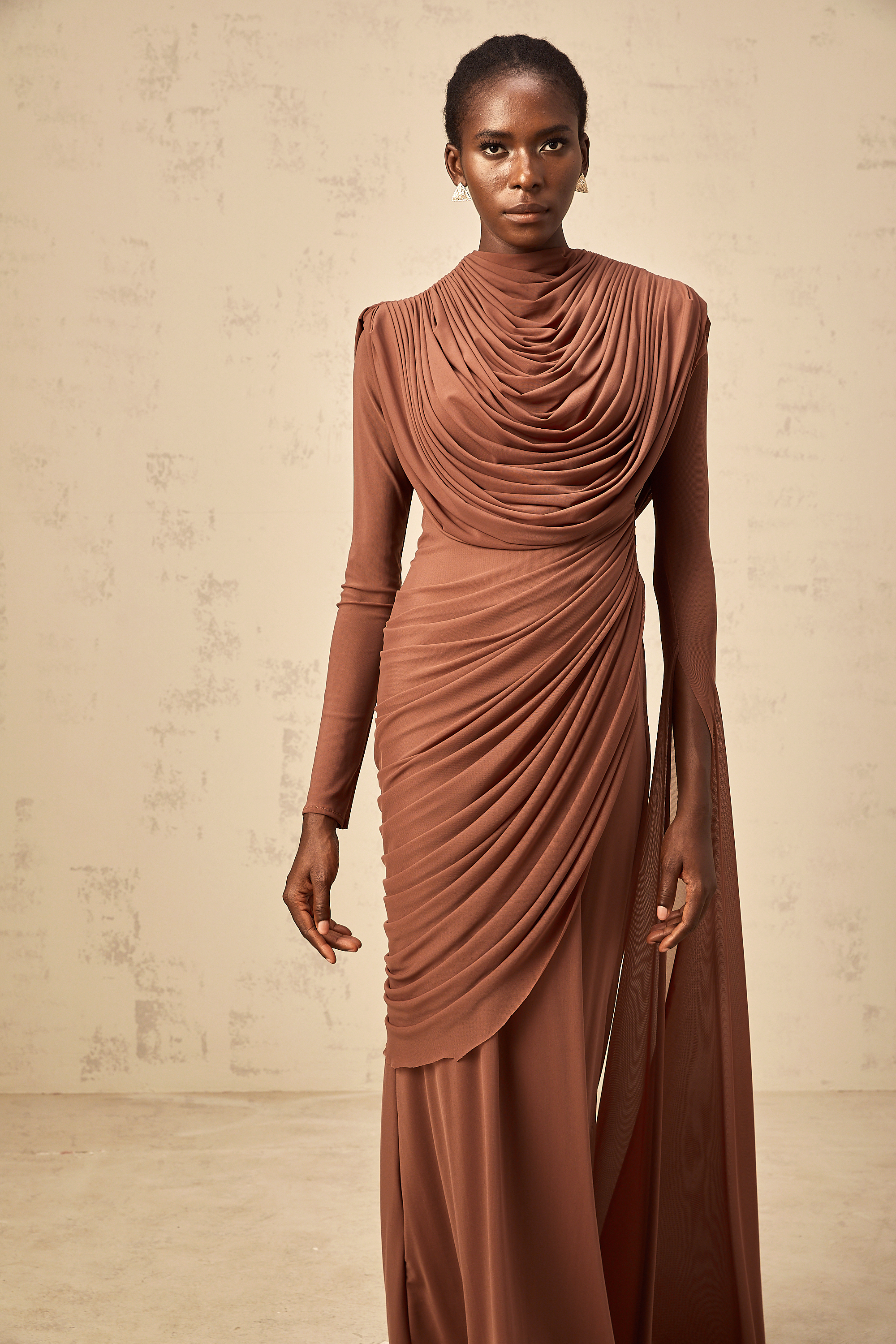 Danaé brown shirred-effect draped maxi dress