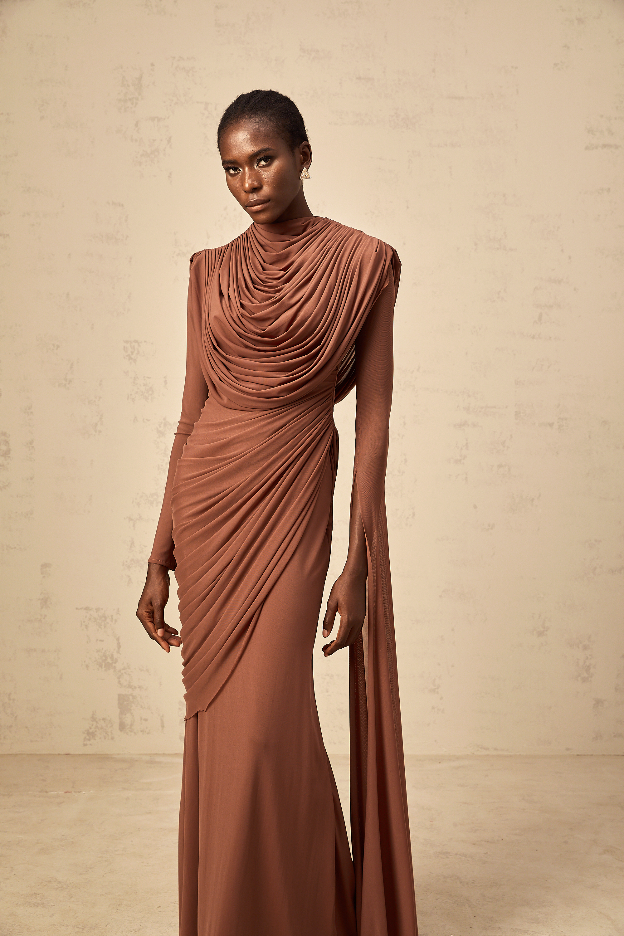 Danaé brown shirred-effect draped maxi dress