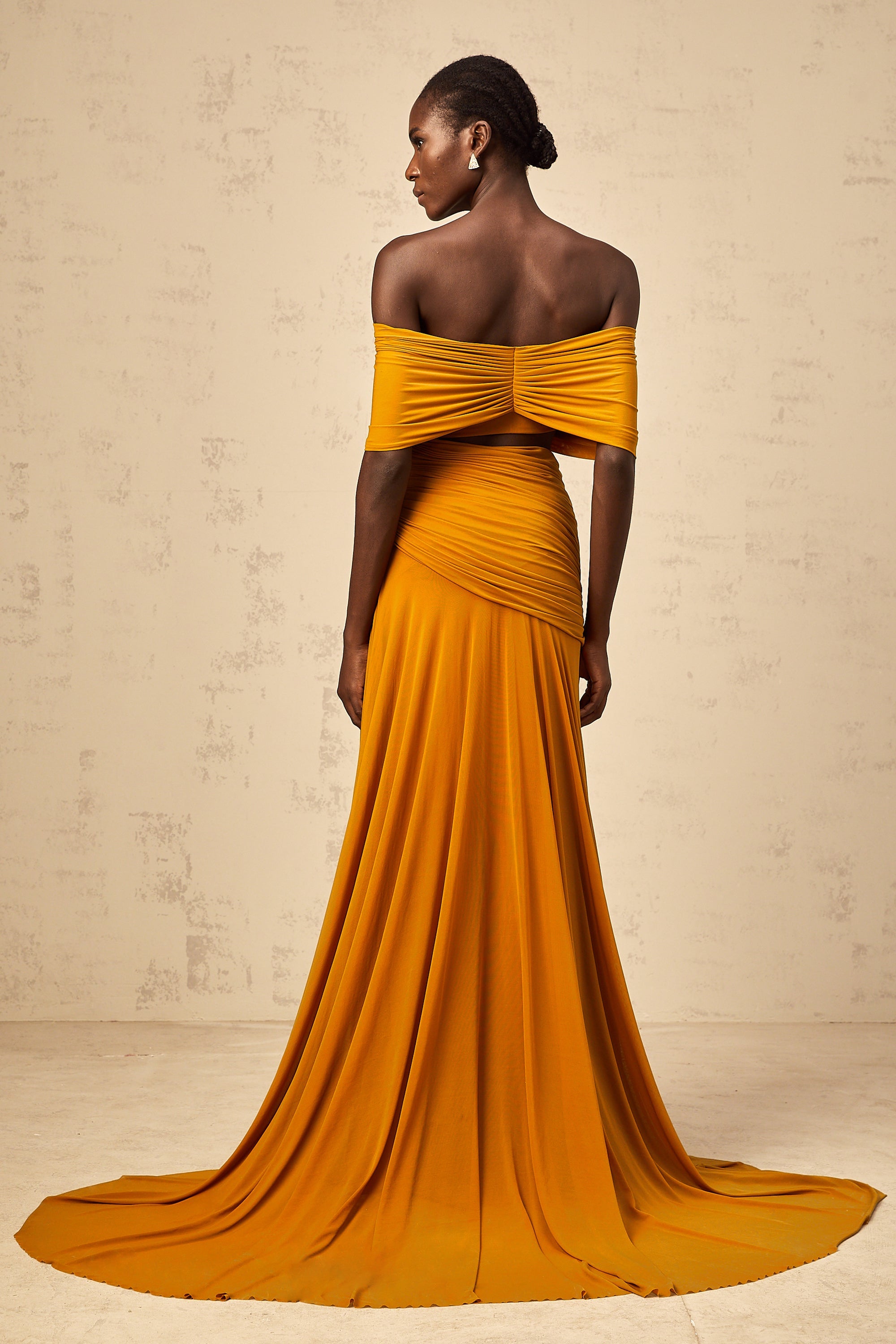 Ludivine ginger off-shoulder cut-out ruched maxi dress