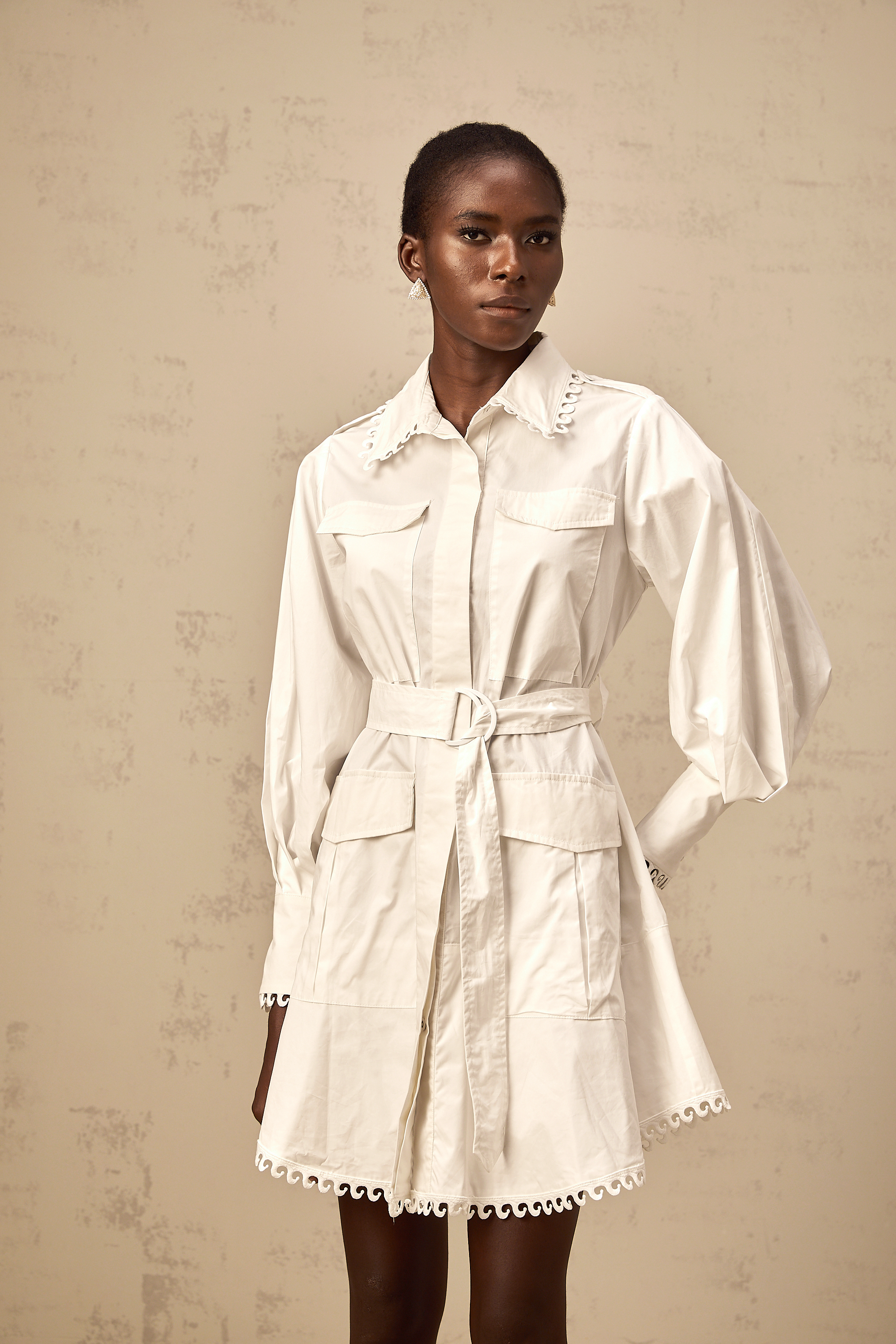 Clémence white belted mini shirt dress