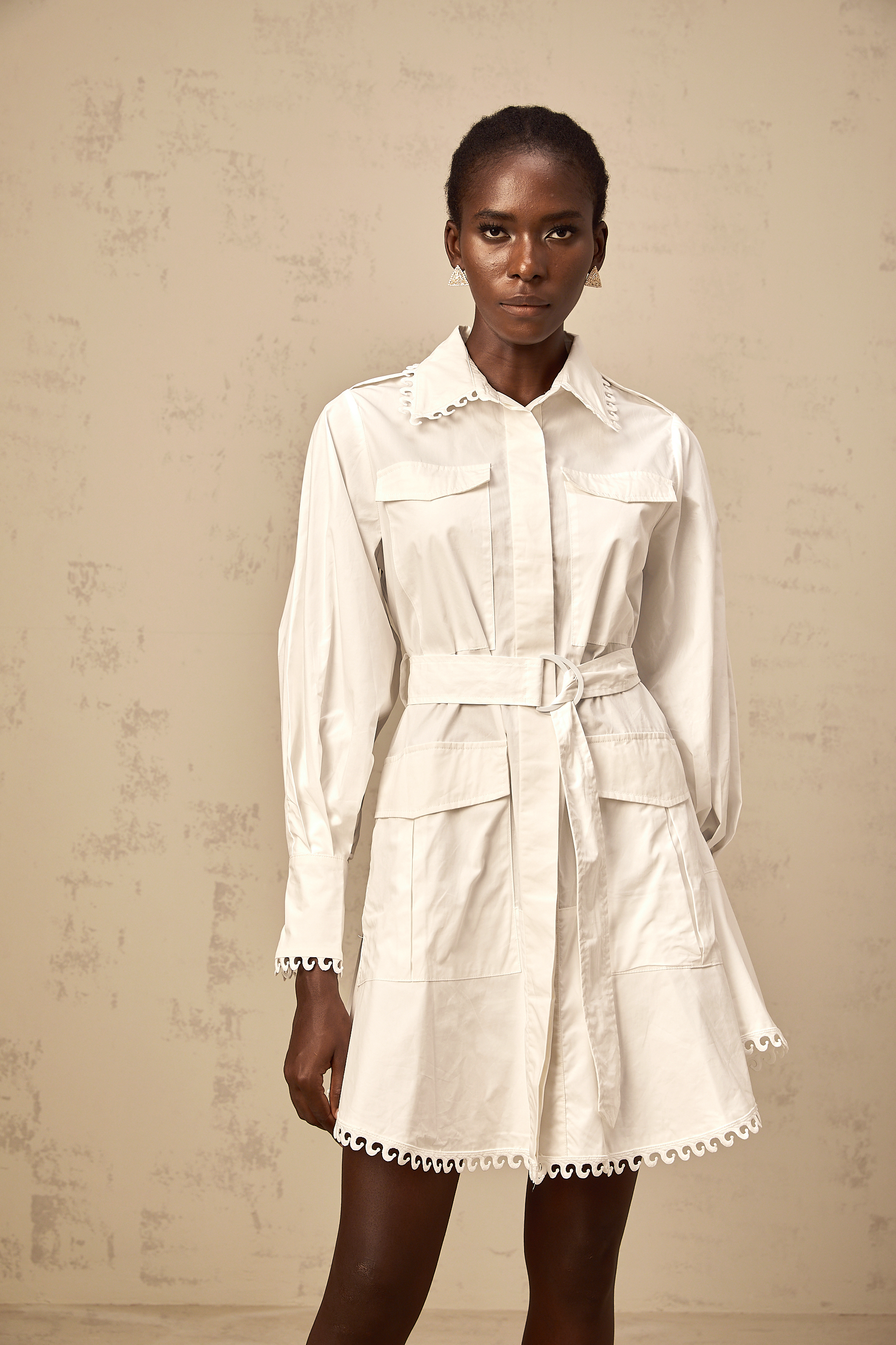 Clémence white belted mini shirt dress