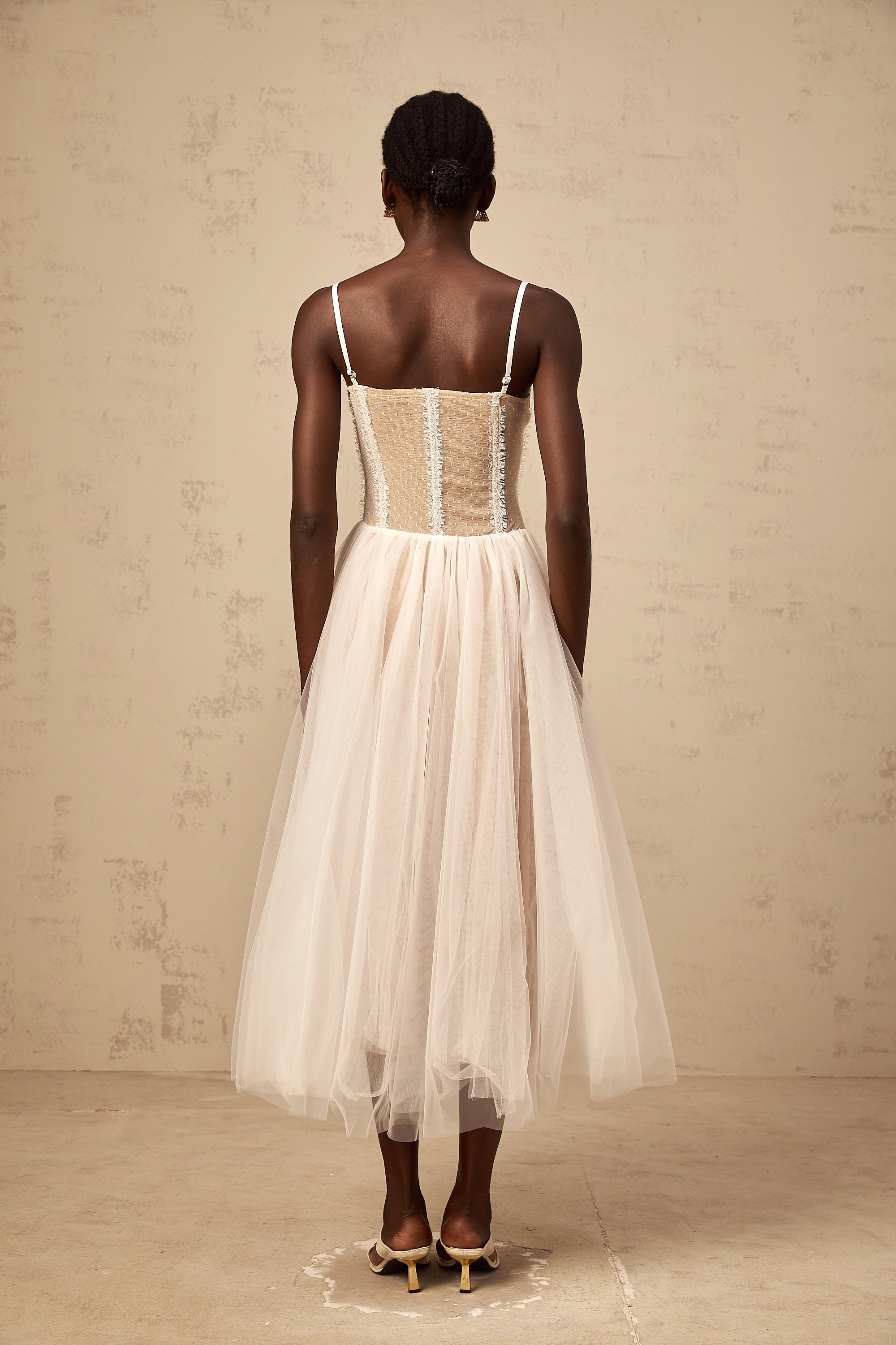 Nolwenn white lace bustier tulle midi dress